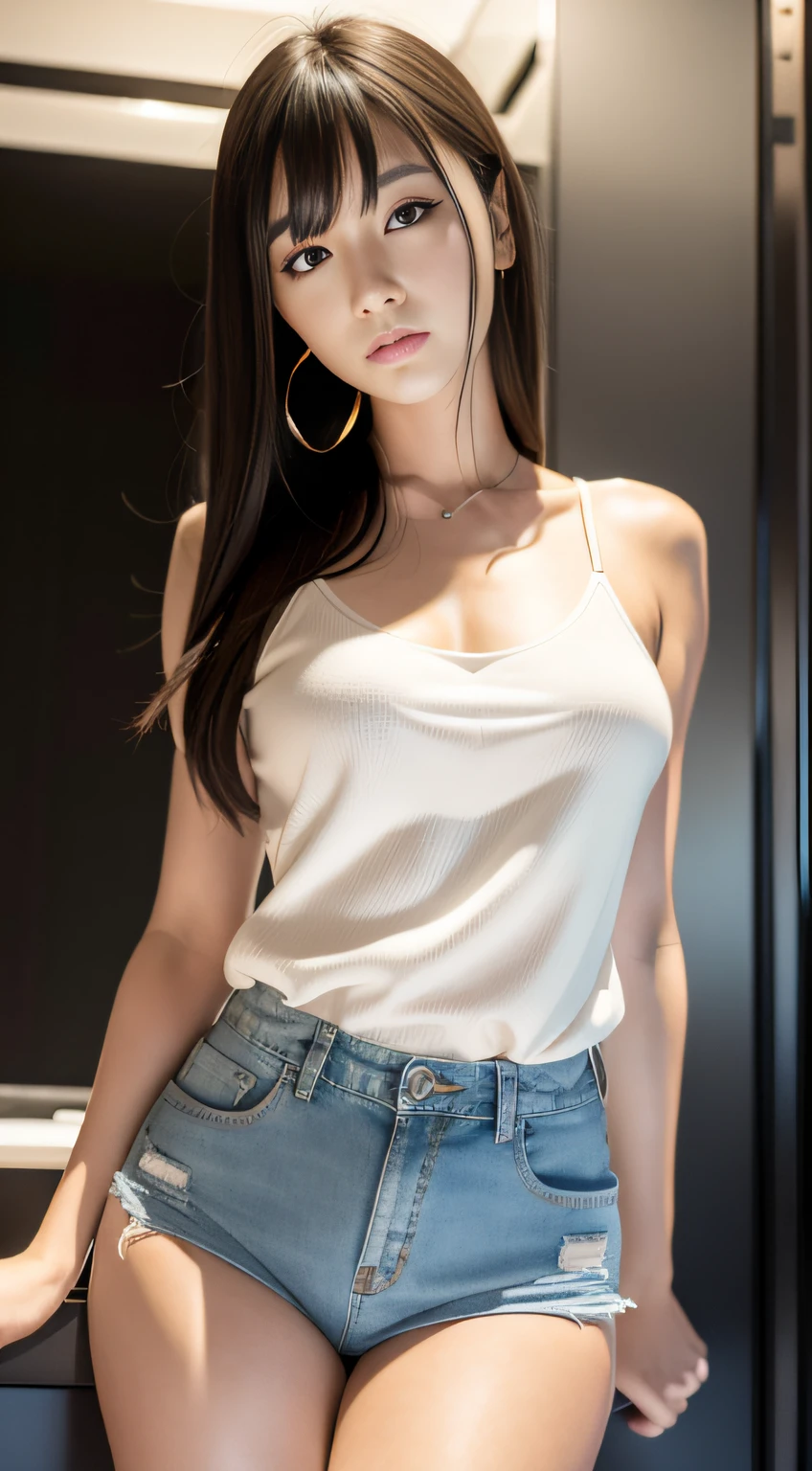 1 female，26 year old，（Numerical portrait：Izumi Sakai：1.45），（Leptoskeleton face，delicated face），hyperdetailed face，（Delicate light makeup）， looks into camera，eyes with brightness，Long hair micro-curls，（Messy and layered， By bangs），Fair smooth skin，（Best Skin Type：1.21），Mature flair，Short-sleeved V-neck shirt，Suspenders，（vacuum），（Bumps），Broken denim super shorts，（Broken stockings），（Background with：Night），Stand pose，Bust photo，（Royal sister，A thousand flavors），masterpiece1.3，（（Hasselblad photograp）），Night club style，8K，photon maping，Radio City， physically-based renderingt、profesional lighting，Realistic photography，exquisite detailing，详细的脸，high key，pureerosfaceace_V1，big breasts thin waist，Long legs，（Tall and tall，slenderness），perfect hand，Perfect posture，Ultra-fine makeup，Ultra-fine clothing material