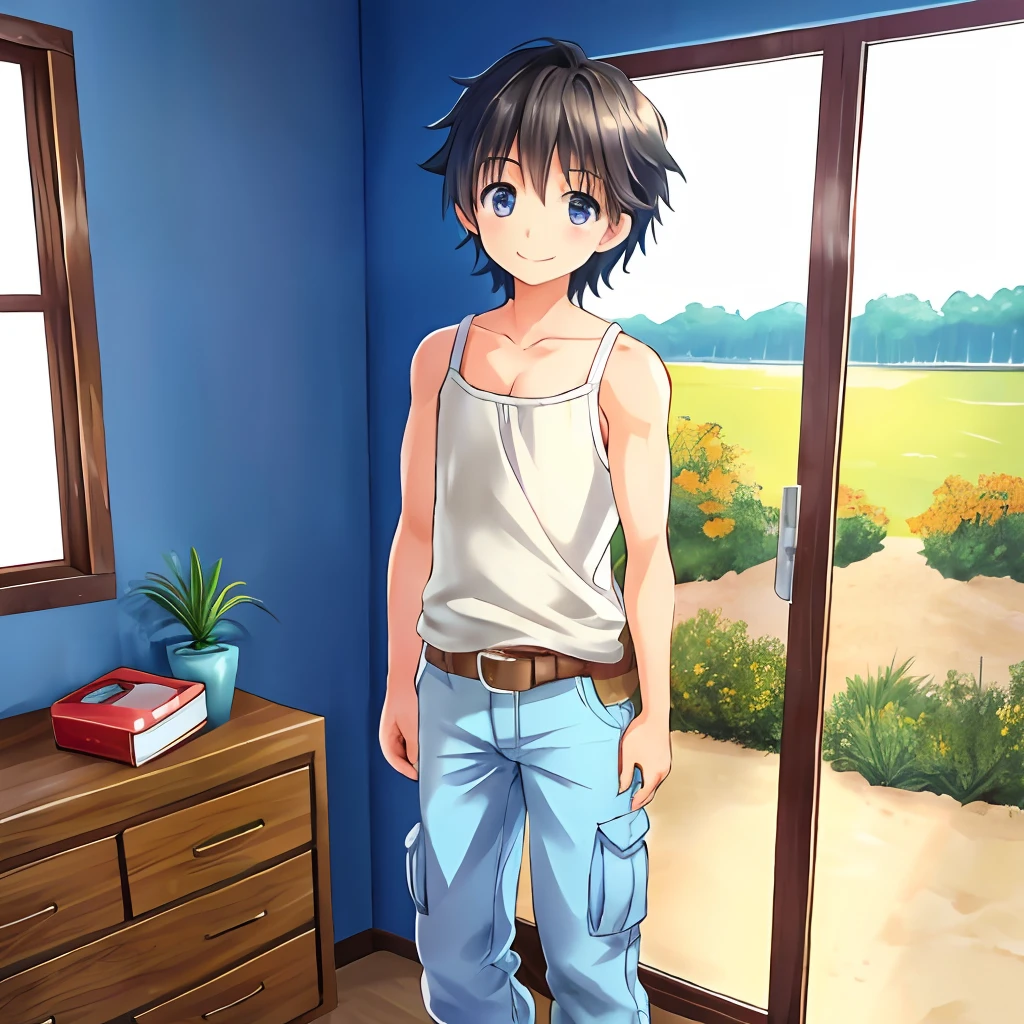(Highly detailed CG Unity 8k wallpaper), (Best Quality), (Super Detail), (Best Illustration), (Best Shadow), POV, Realistic lighting and shading, Natural light, Lens flare effect, BREAK, 1 beautiful girl, Solo,(Cute:1.5),(Chibi:0.8), (kawaii:1.5),(Lori:0.5), BREAK, ( boy:1.2), Very detailed, colourfull, highest details, BREAK, (Medium flesh and middle back: 1. 2,), Clear skin, Beautiful skin, Shy skin,(black eyes:1.2), Break HA , (Dark hair, ultra-short hair:1.2), (long eyelashes, Double eyelids: 1. 2), Solo, gleaming skin, BREAK,(Cargo pants with belt, Tank tops,sneakers
:1.2), (A smile,Happiness:1.1), (is standing,Slouched:1.3), (Full body,angle from bellow,Cowboy Shot:1.1), BREAK, (Pink Room, pink walls, bed, stuffed toy, PILLOWS, parrot,:0.8) Made of stone,