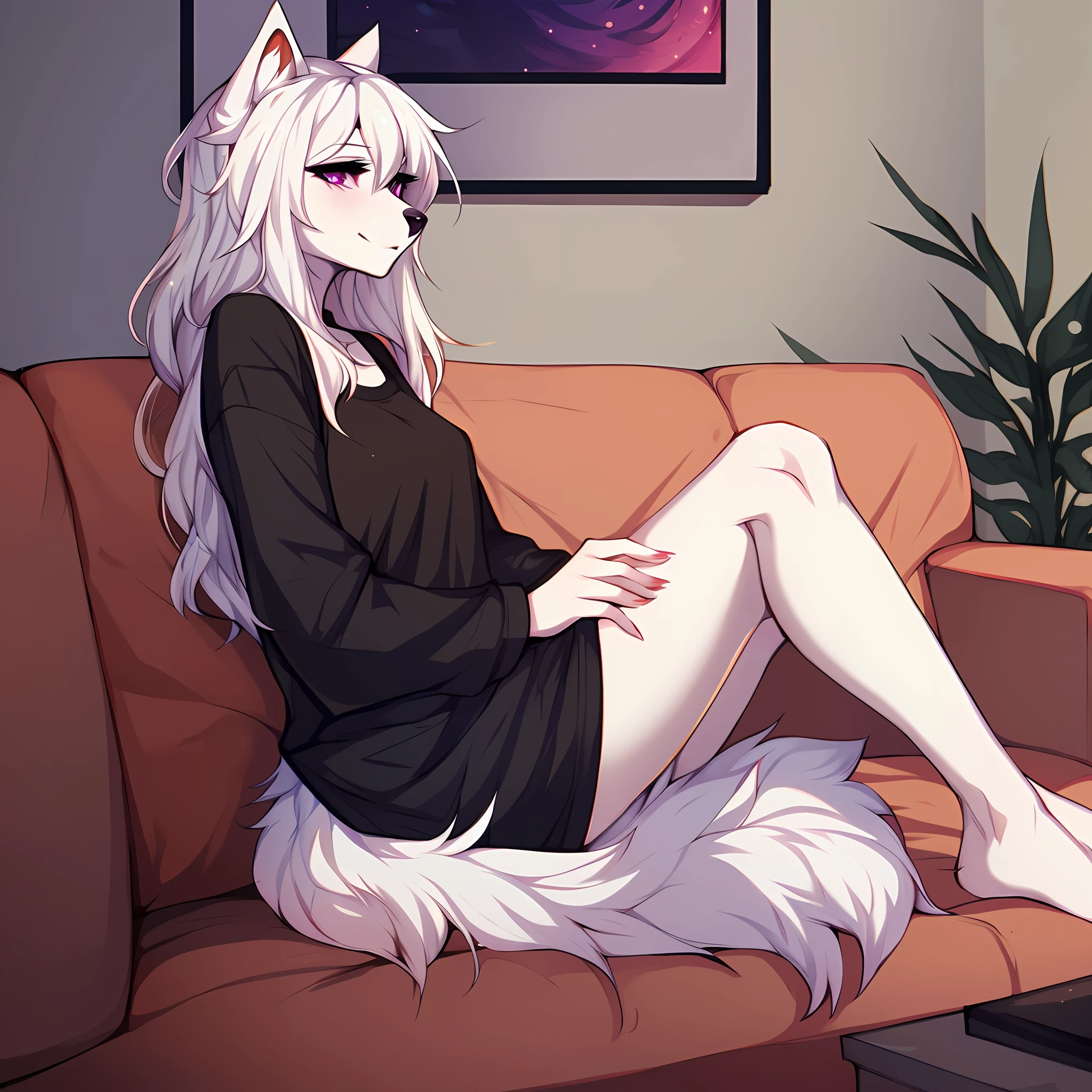 (By hyattlen, by fumiko, by claweddrip:1.3), a Cute white anthro furry wolf girl, female, white fur, white fluffy body, black nose, (cute snout:1.1), white fluffy tail, long white hair, simple solid purple eyes, black eyeliner, only wearing an oversized black shirt, extra large baggy t shirt, black panties, sitting on a couch, in a modern living room, looking to the right, highly detailed, masterpiece, straightened hair, slightly happy expression, full body in frame, legs crossed, side view