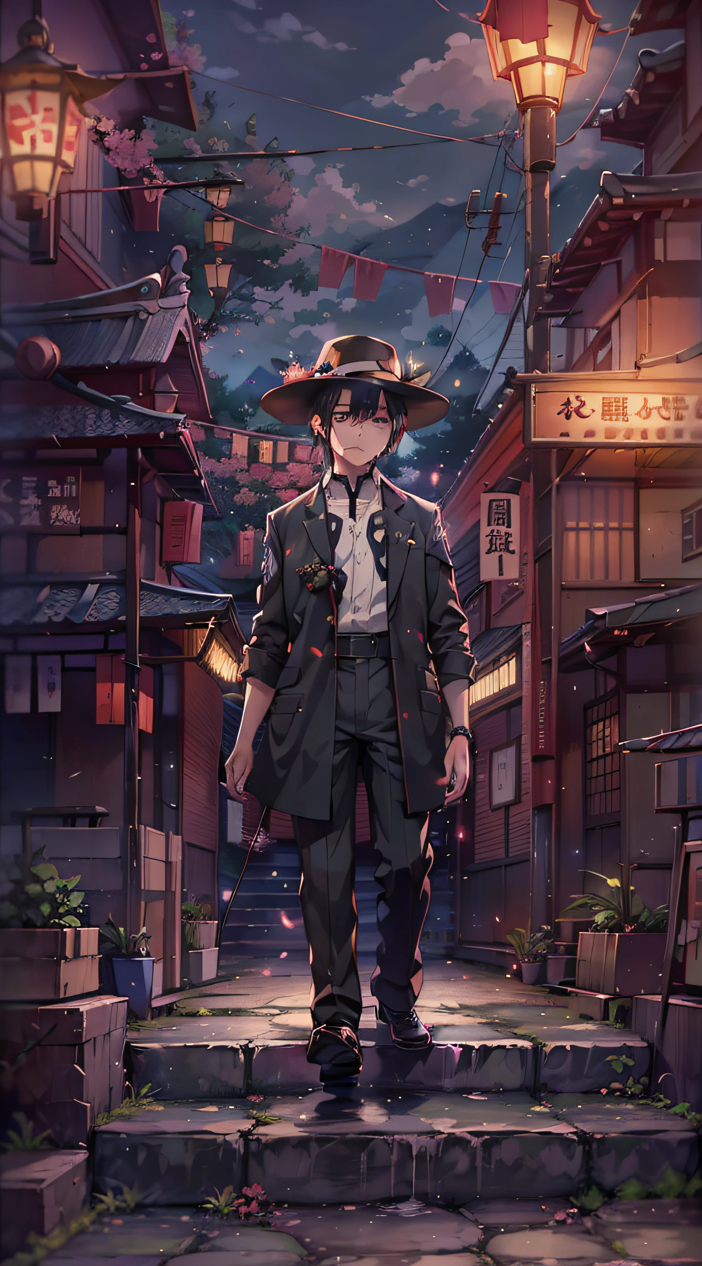 ​masterpiece、****uth、Young man with nervous expression、Young man with a melancholy expression、Young man in withered black suit and hat、Poor figure、Landscape with rusty shades、Old Japan landscape、kyoto、Meiji、Taisho、Taisho romance、stone pavement、catss、top-quality、hightquality、Highly detailed CG Unity 8k wallpapers、art  stations、digital illustration、with an intricate、trending、Award-winning photos、depth of fields、HDR、chromatic abberation、真实感、A highly detailed、trends in the art station、CGsociety Trends、with an intricate、high detal、Dramatic、 8K, 16K, top-quality, photon maping, Radio City, Photorealsitic, Elaborate CG, Physically Based Rendering, Ultra-realistic realistic textures, unrealengine5, Motion Angle、cinematlic lighting, Dramatic Writing, Professional Writing,