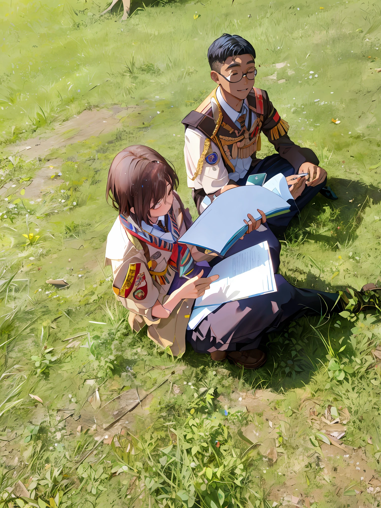 boy and girl scouts sitting on the grass reading a book, scout boy, student, wearing authentic attire, comming, potrait, very clear picture, reading under a tree, competition winning, studying, private moment, old picture, photo portrait, wining, candid photograph, captured on iphone, taken with sony alpha 9, photoshot, an artistic pose, exclusive