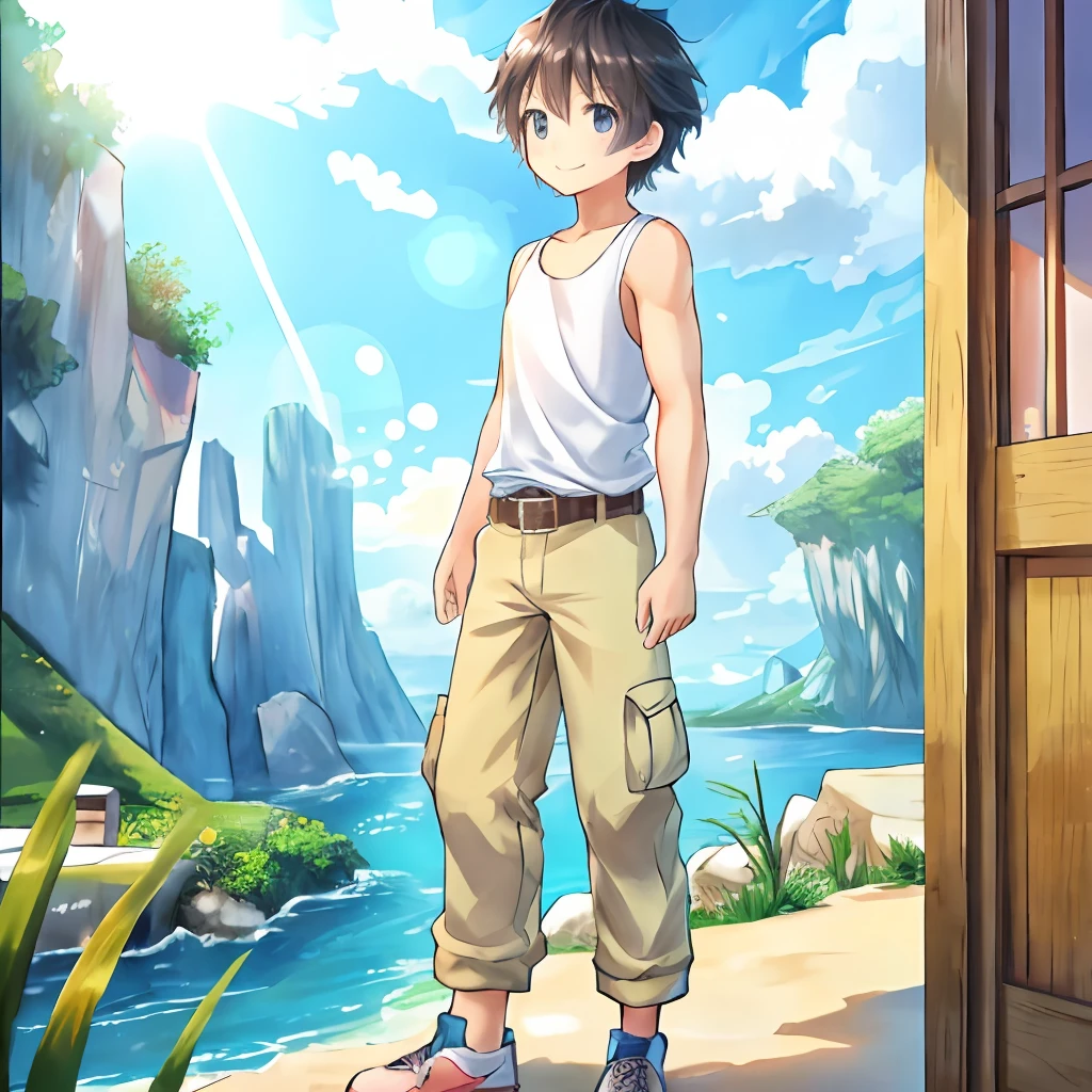 (Highly detailed CG Unity 8k wallpaper), (Best Quality), (Super Detail), (Best Illustration), (Best Shadow), POV, Realistic lighting and shading, Natural light, Lens flare effect, BREAK, 1 beautiful girl, Solo,(Cute:1.5),(Chibi:0.8), (kawaii:1.5),(Lori:0.5), BREAK, (17 year old boy:1.2), Very detailed, colourfull, highest details, BREAK, (Medium flesh and middle back: 1. 2,), Clear skin, Beautiful skin, Shy skin,(black eyes:1.2), Break HA , (Dark hair, ultra-short hair:1.2), (long eyelashes, Double eyelids: 1. 2), Solo, gleaming skin, BREAK,(Cargo pants with belt, Tank tops,sneakers
:1.2), (A smile,Happiness:1.1), (is standing,Slouched:1.3), (Full body,angle from bellow,Cowboy Shot:1.1), BREAK, (Pink Room, pink walls, bed, stuffed toy, PILLOWS, parrot,:0.8) Made of stone,