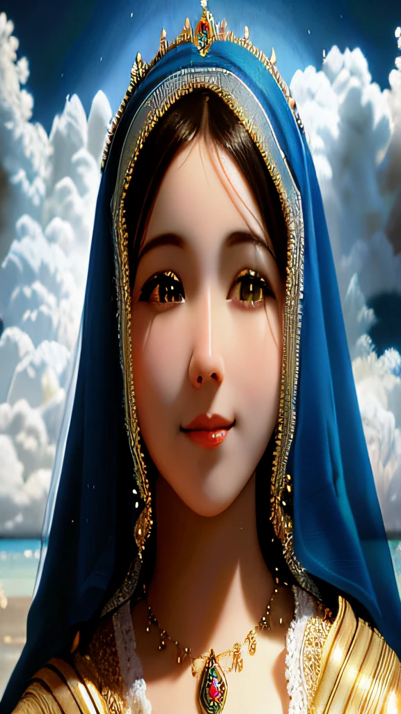 realistic image of our lady, wearing a tunic and a blue and gold veil, Queen of Heaven, Portrait of the Virgin Mary, Magestinous Holy Woman, Virgin Mary, 3D Portrait, Detailed Portrait of Madonna, An Impressive Portrait of a Goddess, Catholic Religious Art, Portrait of Religious Masterpiece,