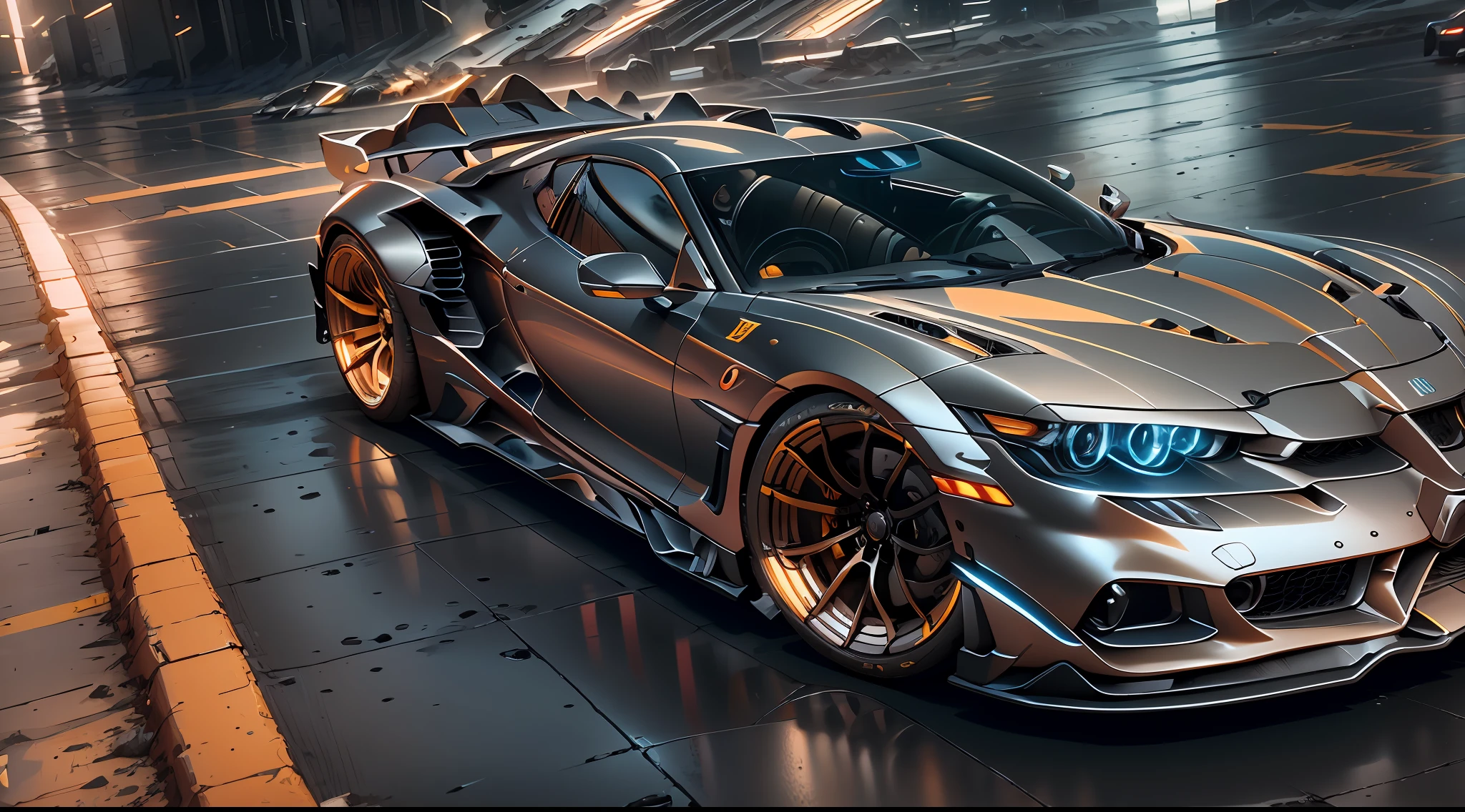 A sports car,mechs,Background cyberpunk,Best picture quality,High chiaroscuro,Cinematic texture,C4D render,Sharpen 1.4,Strong realism,The metal material is real,High detail and ultra-high image quality1.5,16K resolution,