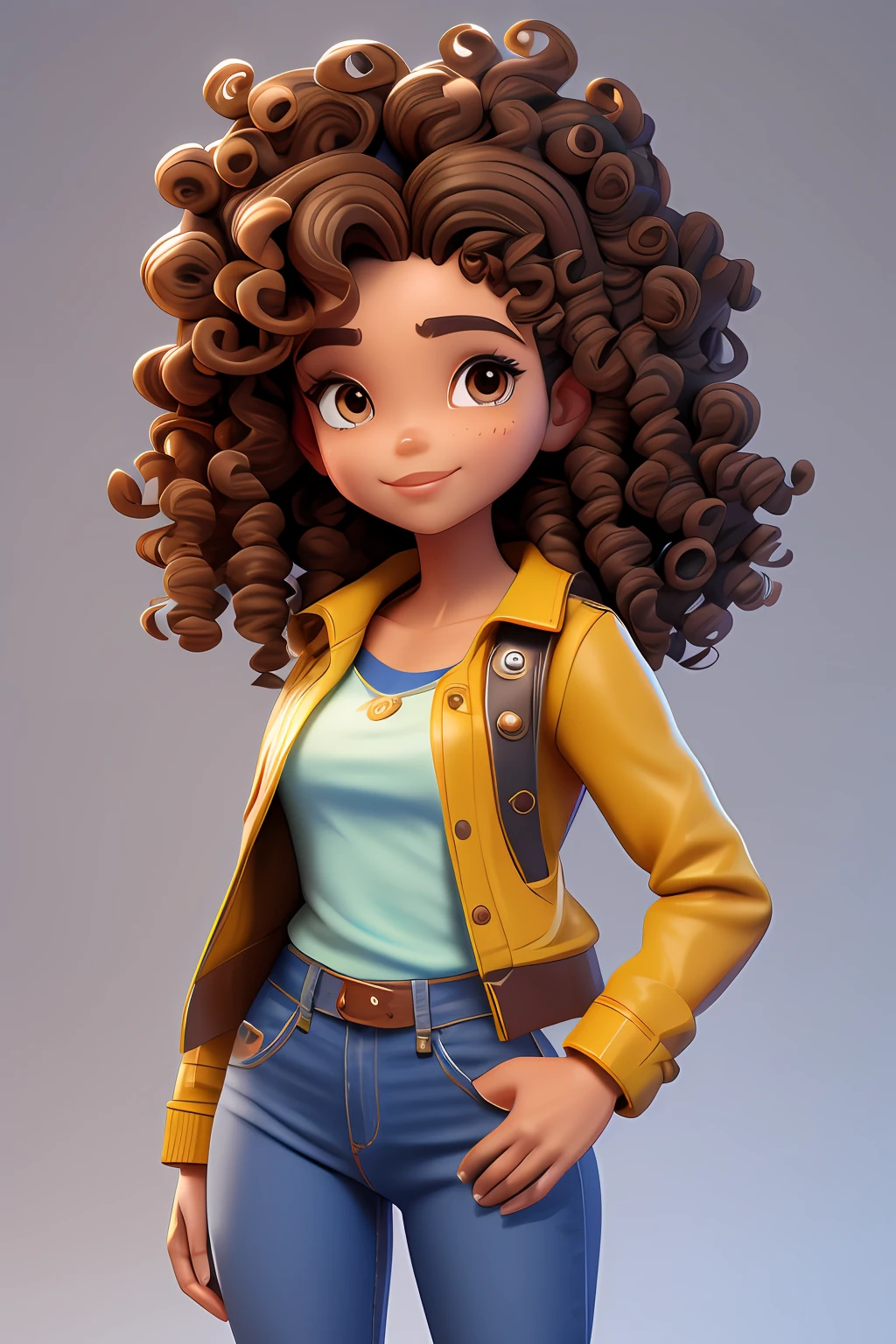 3DCHARACTER, 1 , mulher adulta, hazelnut eyes, cabelos pretos cacheados compridos, (((curly hair))),, (((Brown skin))), Denim Jeans Pants, camisa branca, jaqueta preta (corpo inteiro: 1.2), fundo simples, obra-prima, melhor qualidade, flor sem cabine, (fundo gradiente de ameixa clara: 1.1), atelier de costura,