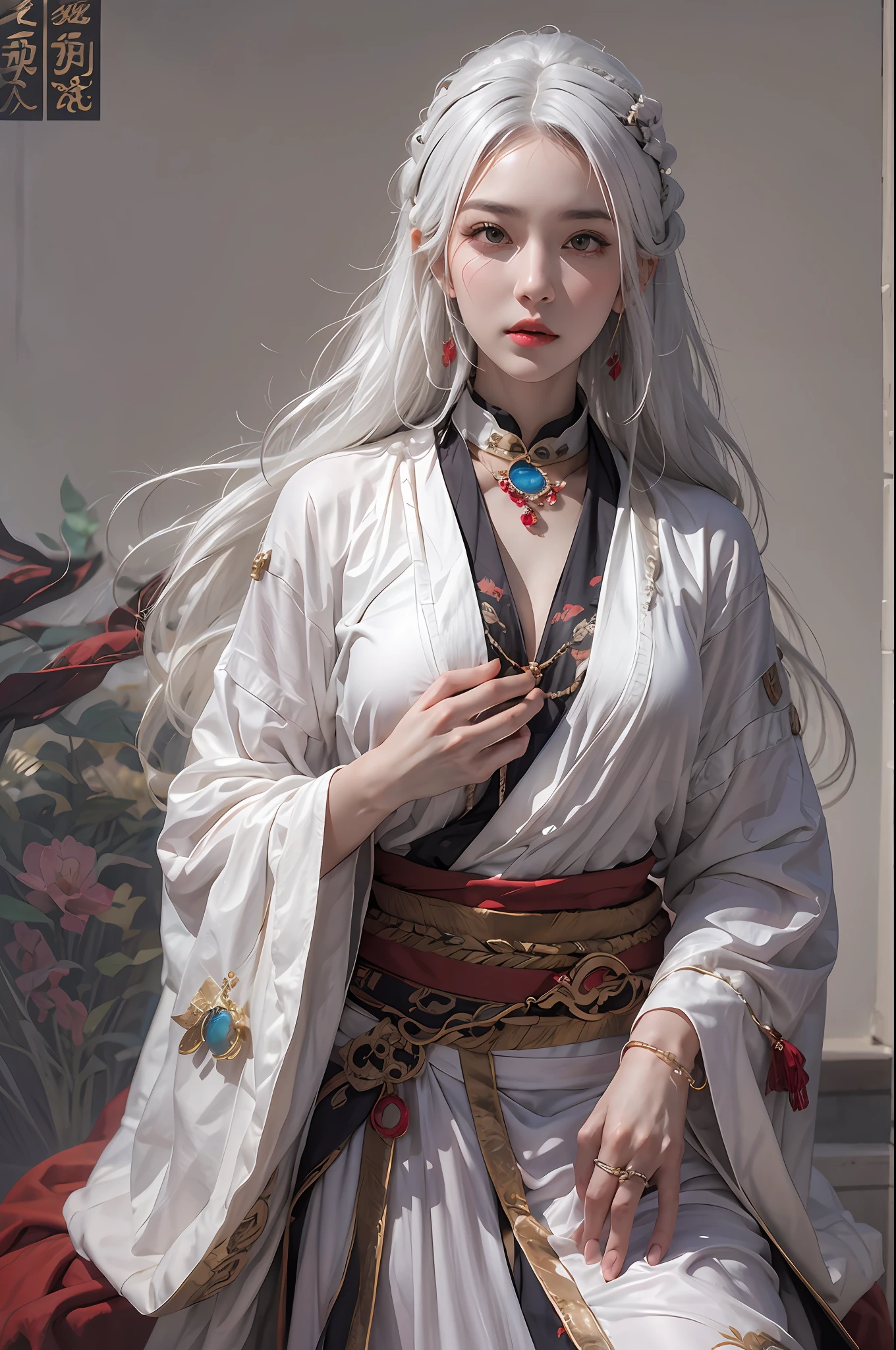 photorealistic, high resolution, 1women, solo, hips up, look at viewer, (detailed face), white hair, long hair, Taoist robe,oversized clothes, jewelry