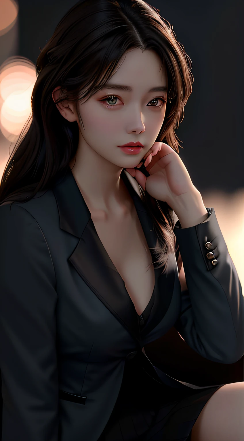 best quality, masterpiece, 1girl, Beautiful face, (photo realistic:1.3), rim lighting, (high detailed skin:1.2), 8k uhd, dslr, high quality, high resolution, 4k, 8k, Bokeh, absurdres, best ratio four finger and one thumb, (realistic:1.3), cute 1girl, wearing black formal blazer, medium breasts, short skirt,