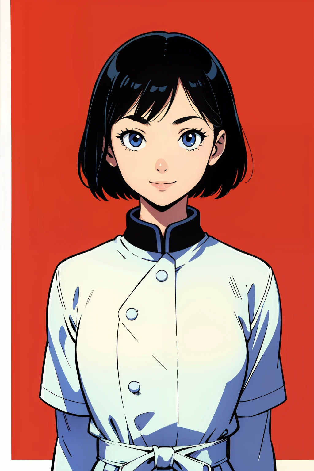 Comic,Masterpiece,outline,A high resolution,halftone,Upper body, A girl,Solo, (looking toward the viewer:1.1),Simple background,Borderless panel,symetry,Katsuhiro Otomo art style，ssmile