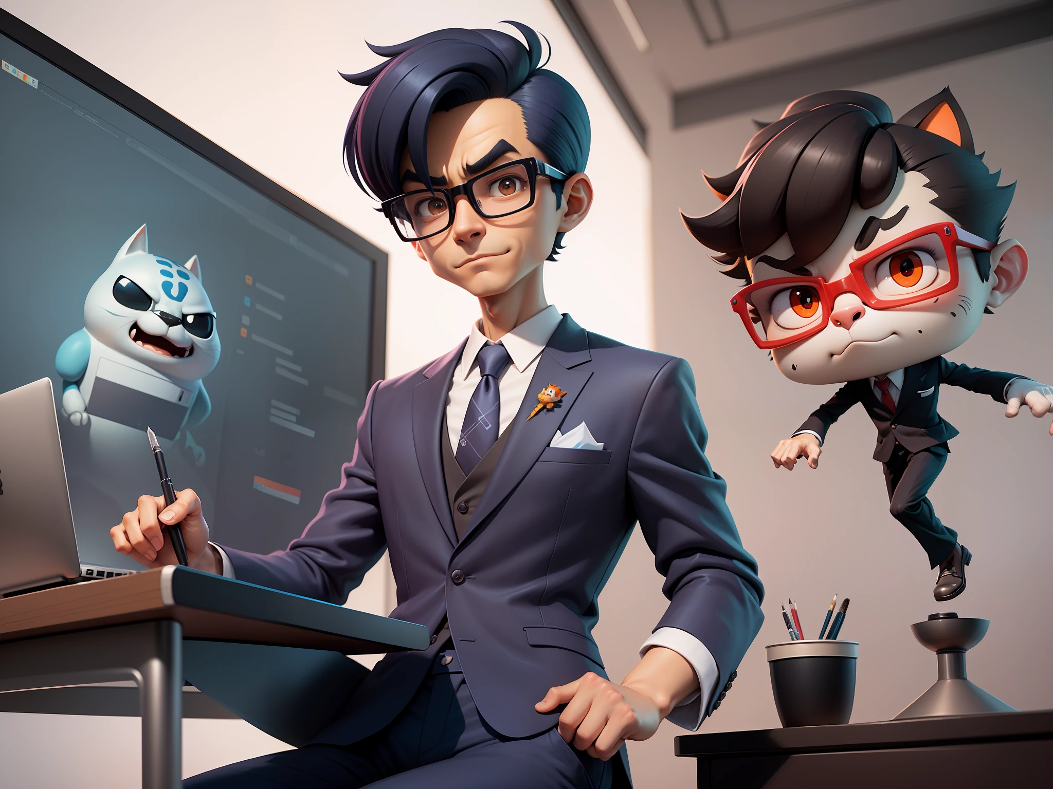 A young man in a suit and pants, Short hair and glasses sat at his desk,holding laptop,digitial painting,tigre,3D character design by Mark Clairen and Pixar and Hayao Miyazaki and Akira Toriyama,4K HD illustration,Very detailed facial features and cartoon-style visuals。