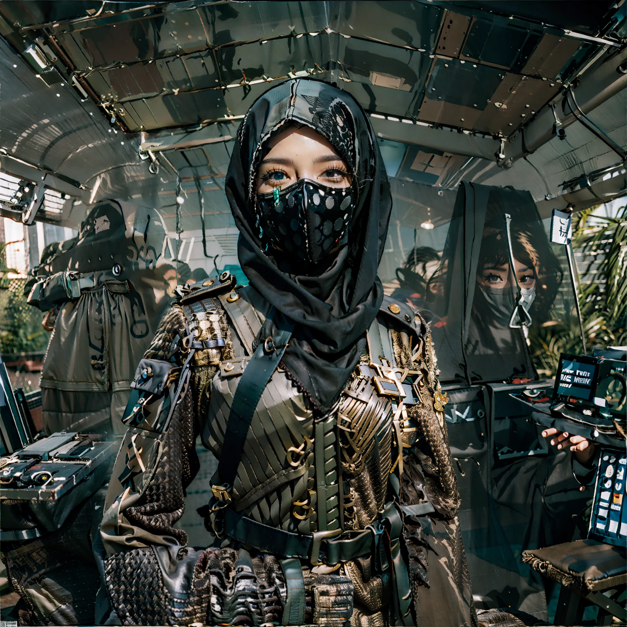 in a panoramic view，photorealestic，8K，Cyberpunk Arabian style，Arab Luxury Women's Military Academy，Luxurious décor，Fabric decoration，Weapon decorations， army car，fighter jets，helicoptere，Three beautiful Arab officers，Wearing the uniform of a modern Arab officer，Covered with an Arabian burqa（Burqa），Arabic hijab（hijabi sluty），Arabian veil（niqab），Black hood，Black mask，bound waist，masked，Only the eyes are exposed，Sharp eyes，Stand in a row at the military academy，Holding the military flag，All masked，Perfectcomposition，professinal，Meistwick，commissioned，best qualtiy，color corrected，After fixation，Retouching，Improvement，Epic，Tone-mapping，the detail， highly  detailed， digitial painting， art  stations， Conceptual map of the long dam， Smoothness， Sharp focus， Beautiful illustration， photore， The light from the back window is backlighted， 动态照明， Mist， 复杂， cinematic grain， professinal， face to the viewer，（Beautiful m3d_woman， Perfect M3D_face,）， Volumetriclighting， subsurfacescattering， Good highlights， Good shadows， cinematic ligh