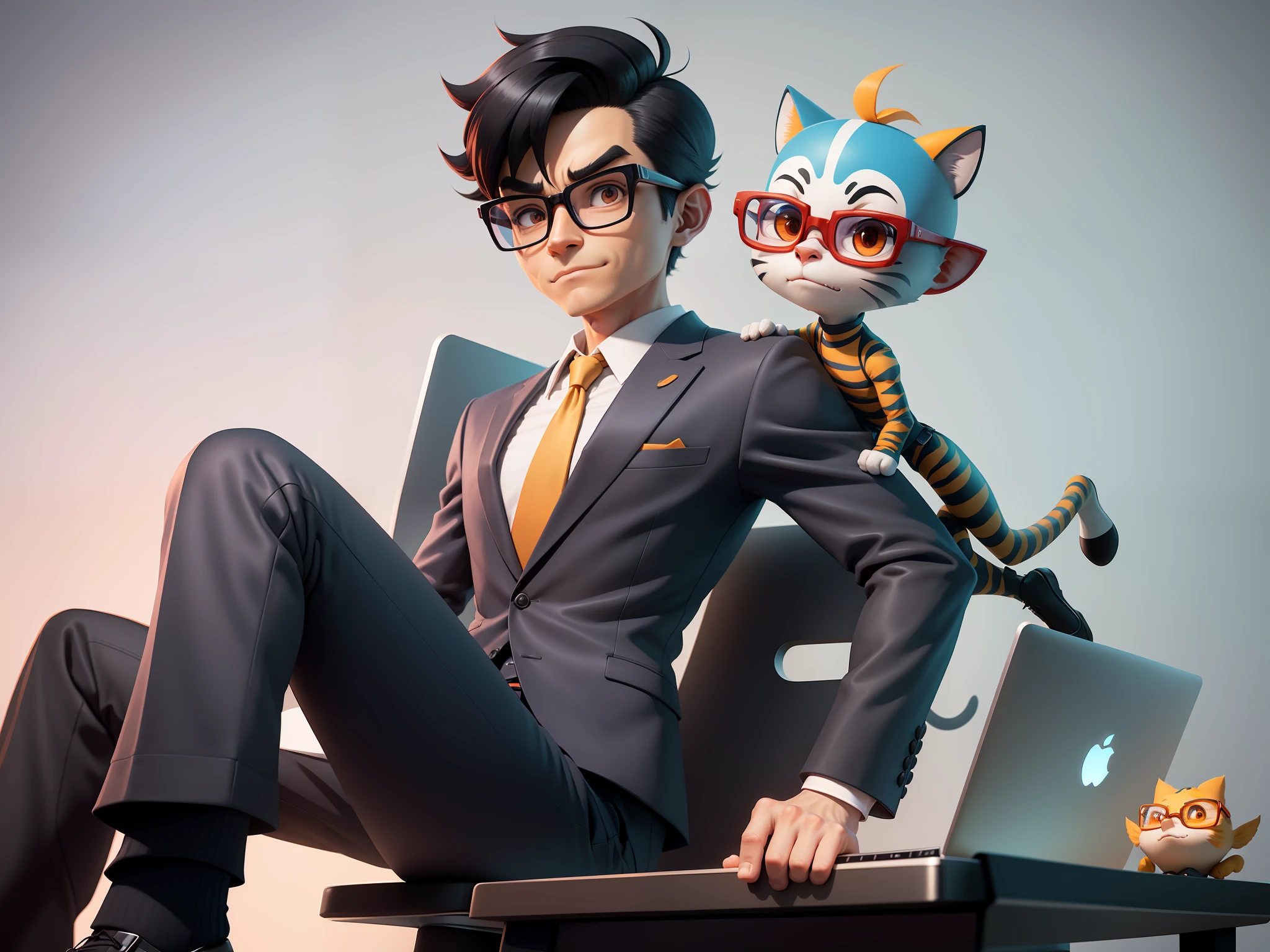 A young man in a suit and pants, Short hair and glasses sat at his desk,holding laptop,digitial painting,tigre,3D character design by Mark Clairen and Pixar and Hayao Miyazaki and Akira Toriyama,4K HD illustration,Very detailed facial features and cartoon-style visuals。