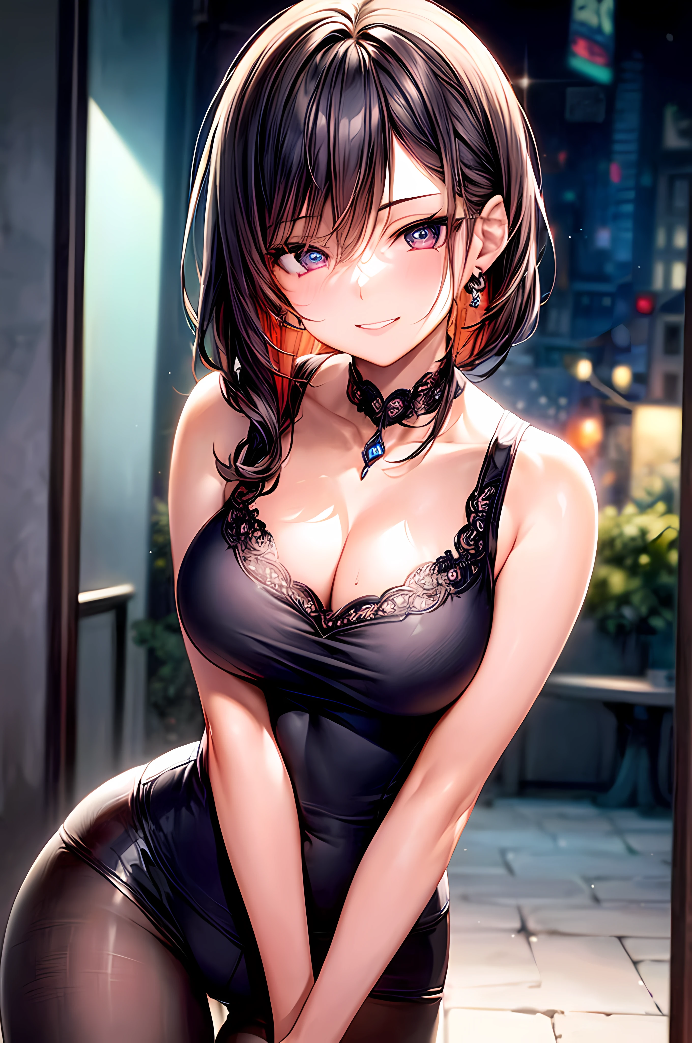 1girls, sexy slim sleeveless tank top woman, no bra, ddd cup, perfect body, hair shoulder length layers, hair color hazelnut brunette, smirk, street cafe city, purple eyes, sexy vibe, hand with five delicate finger, moe pose, (detailed manga illustration), perfect anatomy, (intricate details, ultra-detailed, illustration:1.3), (natural midnight, bright eyeballs, cinematic lighting, vivid colors:1.3), (masterpiece, best quality, 8K, large masterpiece digital art, add_detail:1