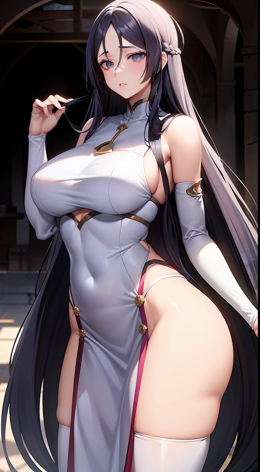mujer joven, Long, straight hair with a lock between the eyes, cabello OSCURO, ojos oscuros, white pale skin, rostro detallado, curvy body small , muslos gruesos, caderas anchas, Vestido Chino azul, hermosa.