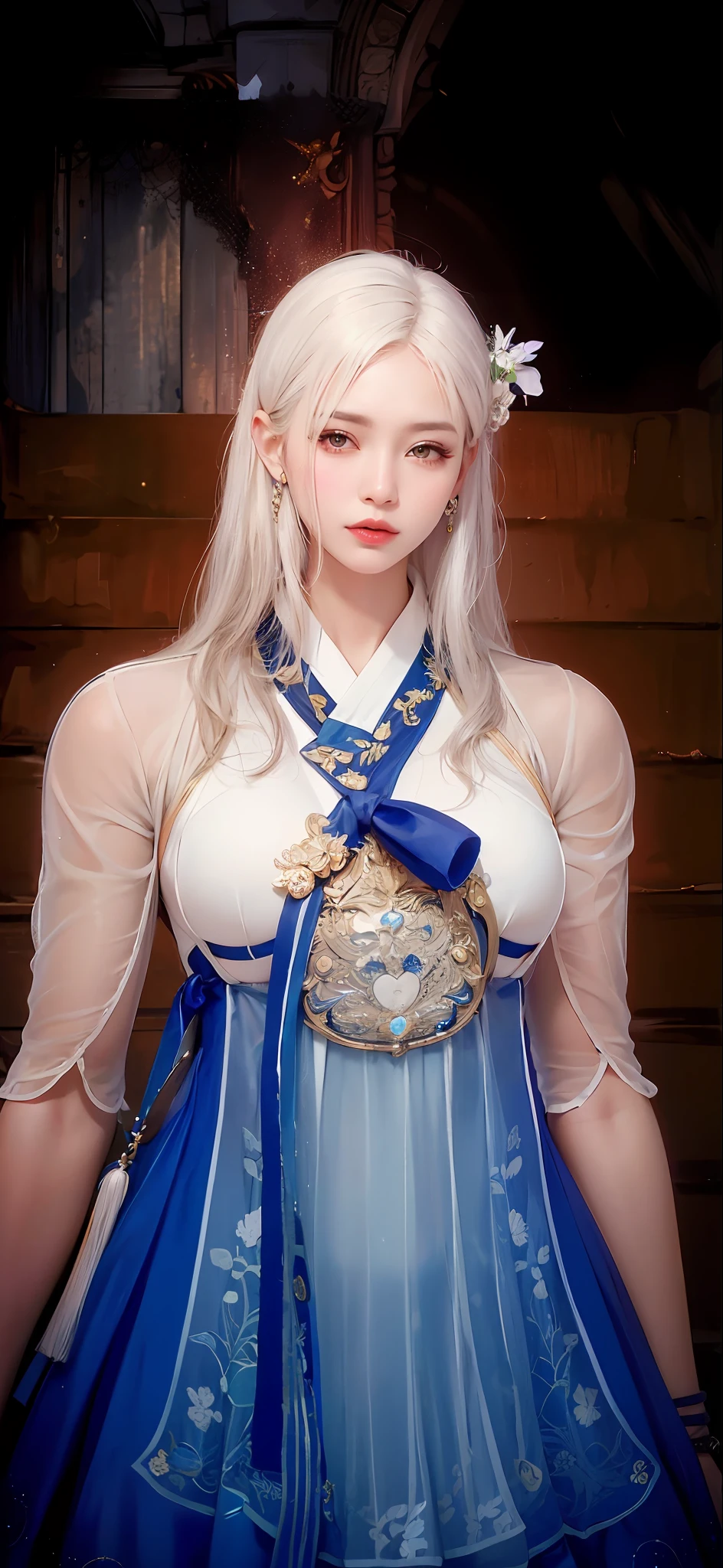 (8k, RAW photo, photorealistic:1.25) ,( lipgloss, eyelashes, gloss-face, glossy skin, best quality, ultra highres, depth of field, chromatic aberration, caustics, Broad lighting, natural shading, Kpop idol) looking at the audience With serenity and goddess-like bliss, big breasts