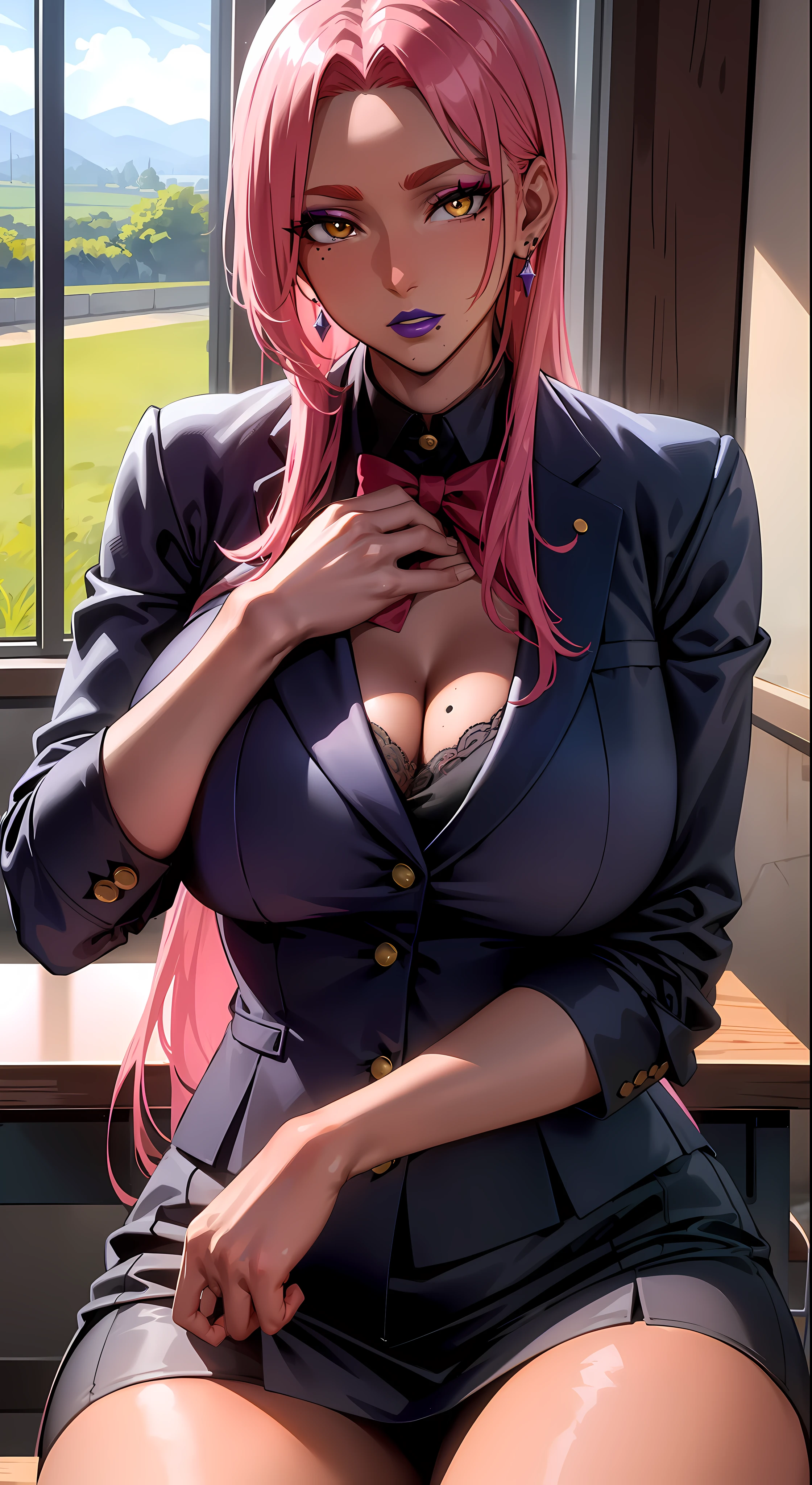 (masterpiece, highres, best quality:1.3), 8K, highly detailed, intricate, colorful, vibrant image, sharp focus, digital blending, 4K, trending on pixiv Ingrid, ((mid high school uniform)), solo, mature female, 40yo, milf, curvy, (dark skinned female:1.15), dark skin, posing, classroom, book, book on table, sitting on chair, leaning to table, (caring look:1.2), looking at viewer, cowboy shot, pink hair, very long hair, forehead, hair intakes, purple lipstick, makeup, mole under mouth, yellow eyes, perfect eyes, perfect face, ultra detailed hair, ultra detailed face, earrings, ultra detailed lips, large breasts, ultra detailed lipstick,