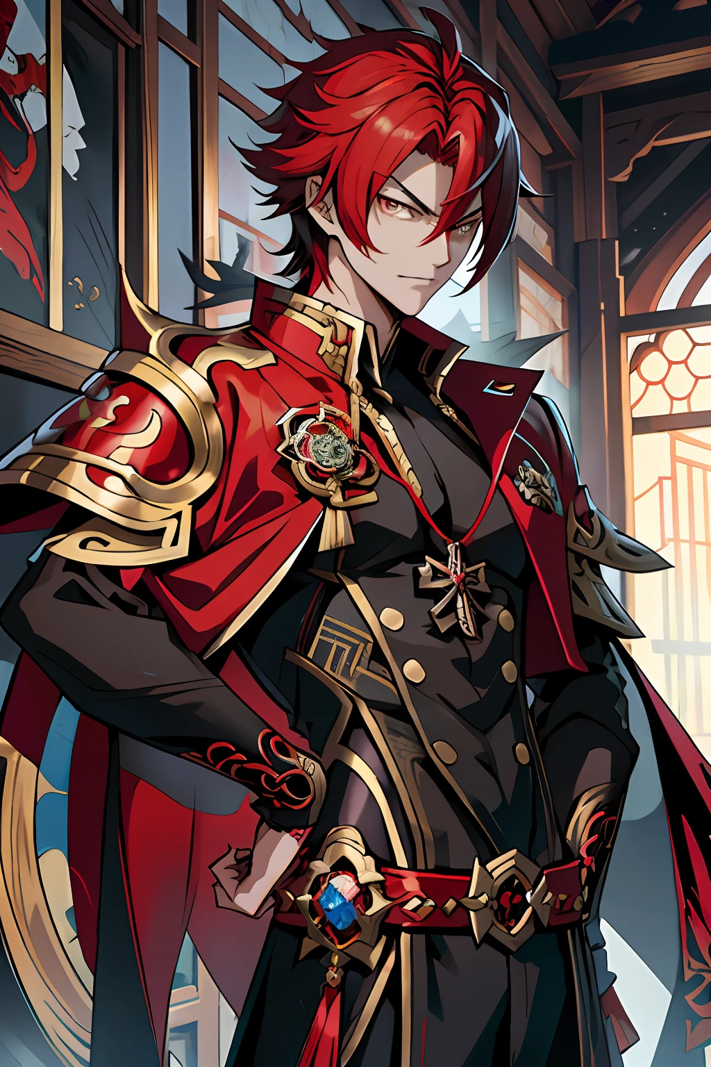 Anime - Stylistic image of a man in a red cape and black clothes, Beautiful androgynous prince, casimir art, handsome guy in demon killer art, Delicate androgynous prince, Keqing from Genshin Impact, zhongli from genshin impact, official character art, shadowverse style, offcial art, Genshin, Extremely detailed Artgerm,red tinted hair,Dragon Man,Golden pupils,short detailed hair,Evil charm,Lazy