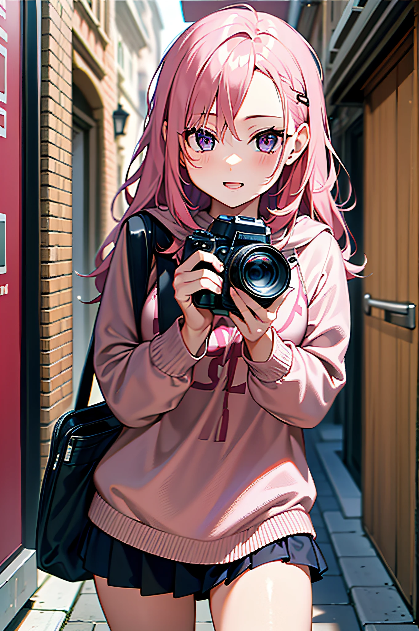 Girl with camera，orthofacial，A pink-haired