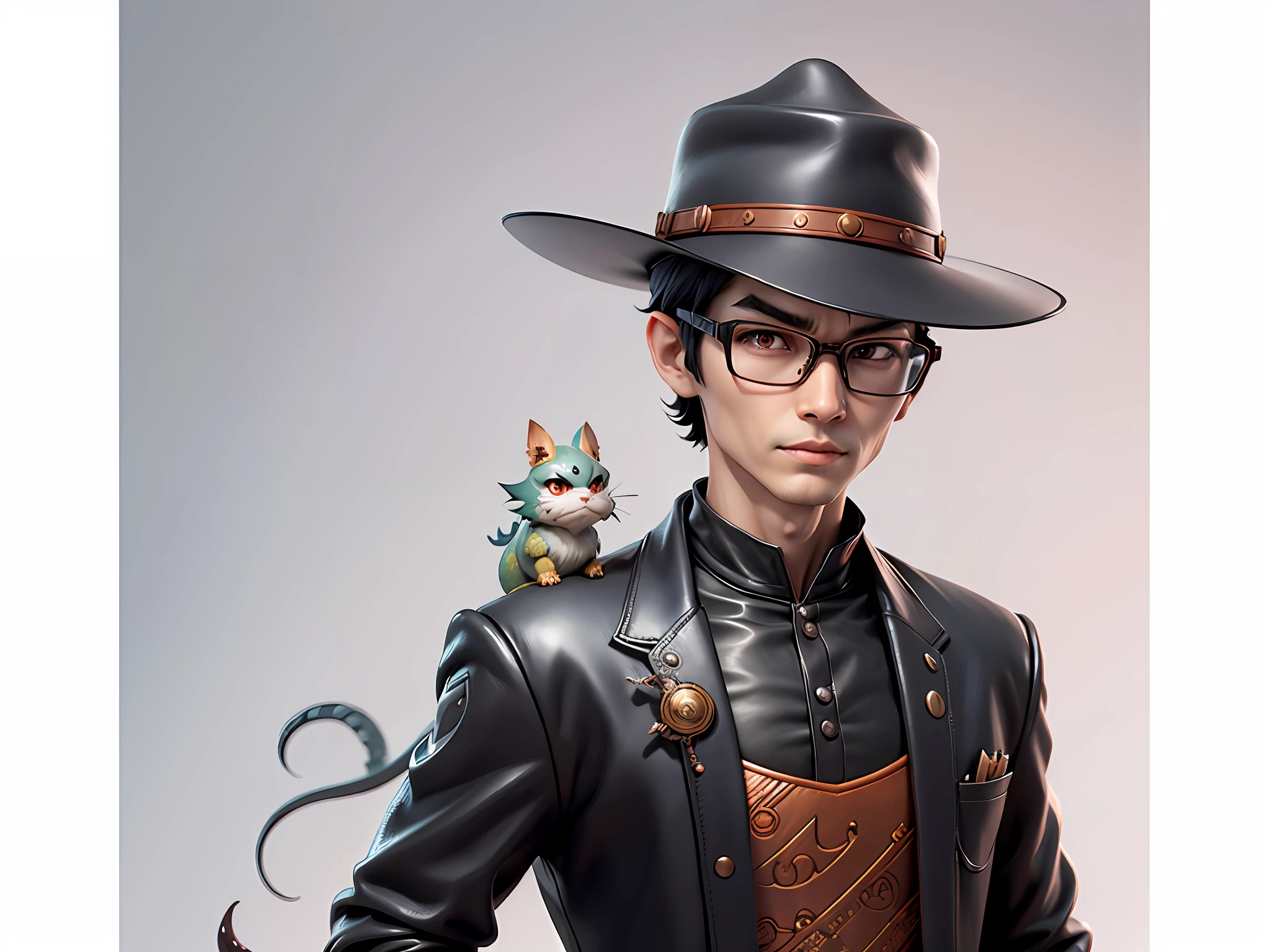 Young man with oriental face in leather hat, dragon, formal suit, short black hair, silver glasses, digital painting, 3D character design by Mark Clairedon and Pixar and Hayao Miyazaki and Akira Toriyama, the illustration is a high-definition illustration in 4K resolution with very detailed facial features and cartoon-style visuals.