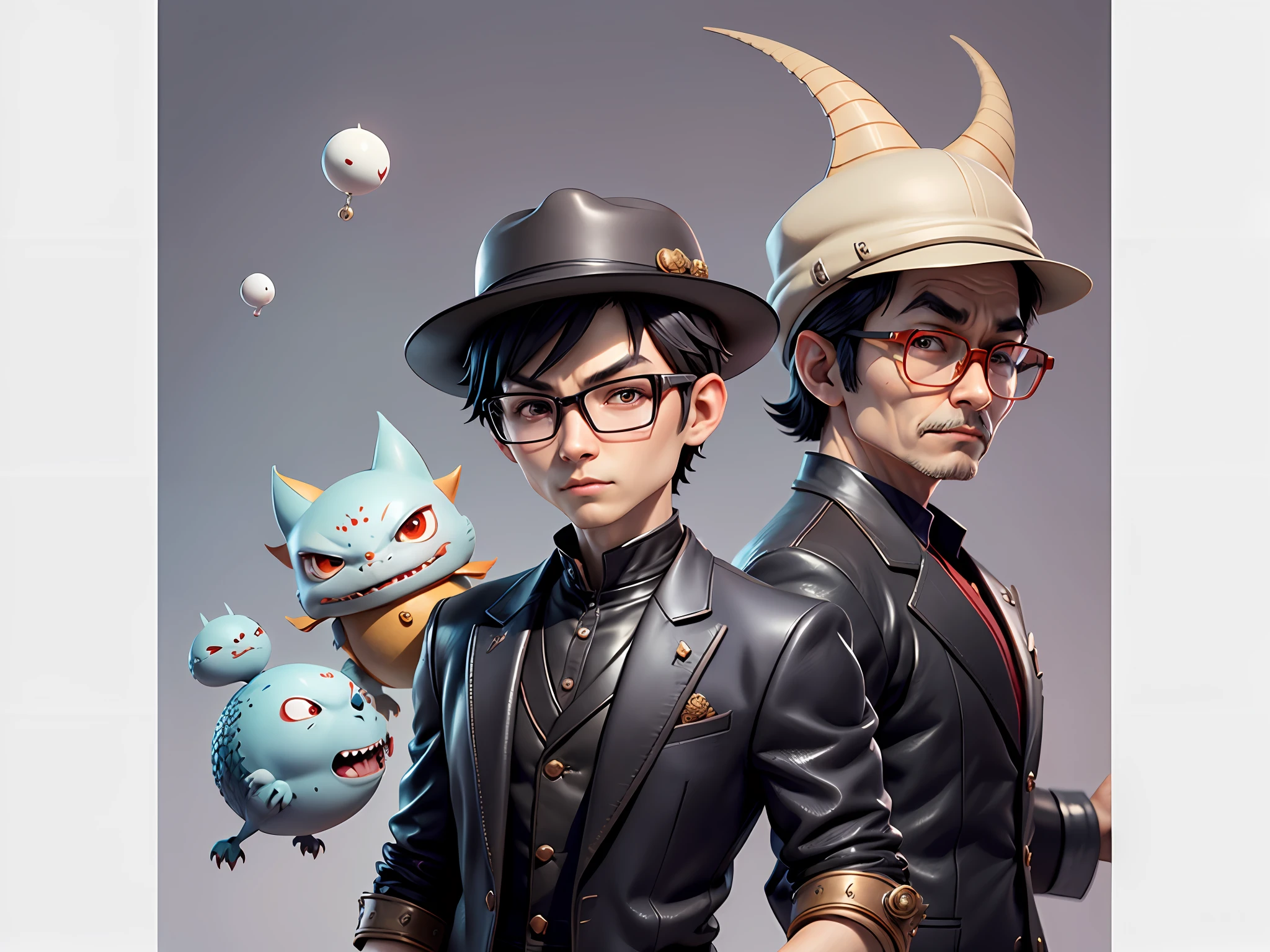 Young man with oriental face in leather hat, dragon, formal suit, short black hair, silver glasses, digital painting, 3D character design by Mark Clairedon and Pixar and Hayao Miyazaki and Akira Toriyama, the illustration is a high-definition illustration in 4K resolution with very detailed facial features and cartoon-style visuals.