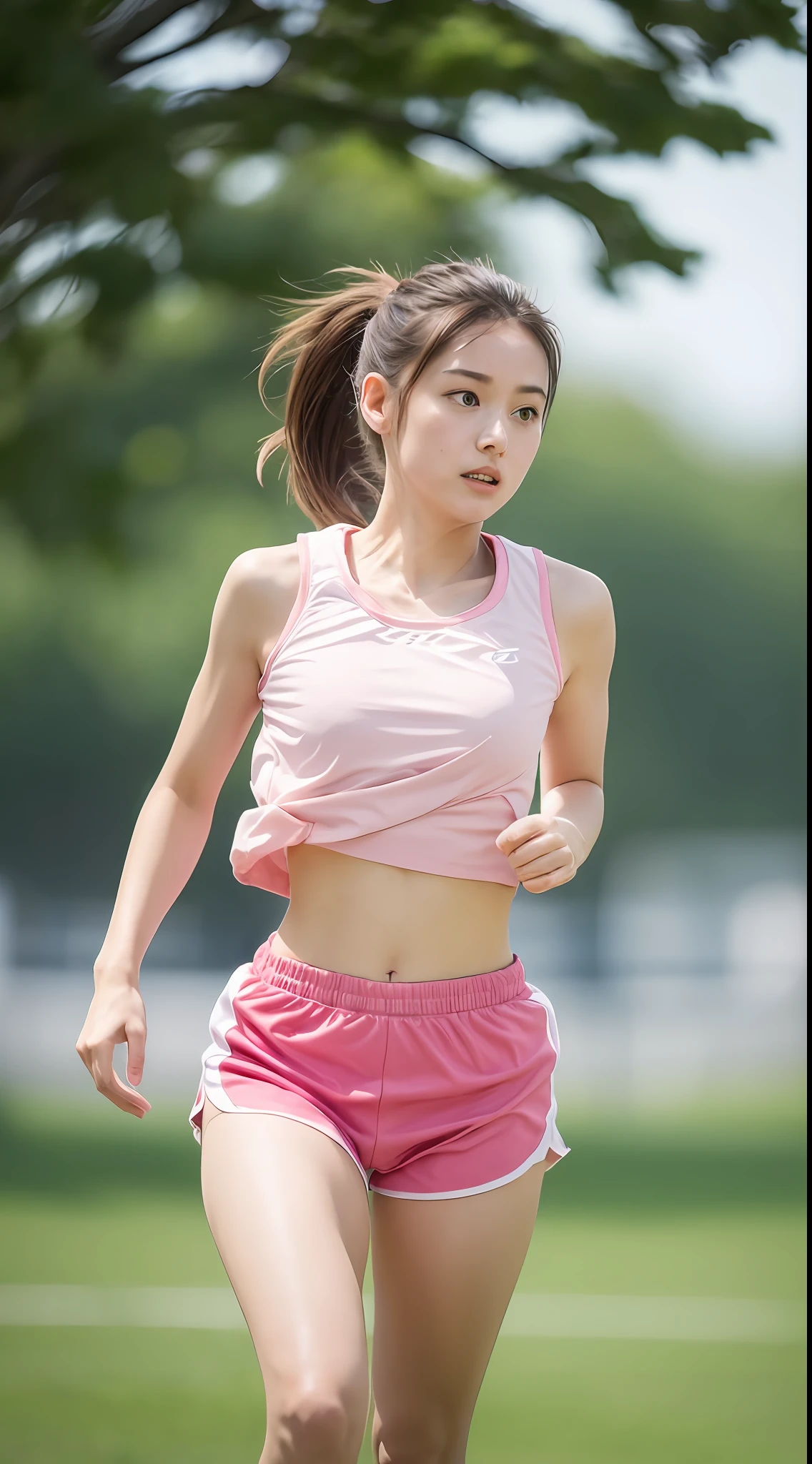 1 girl, solo, running, Gray Track Top, pink shorts, ponytail, athletic build, dynamic brushstrokes, fluid movement, capturing the essence of her athleticism and energy, using light colors and soft tones to create a dreamy and ethereal atmosphere, portraying the motion and grace of running, showing the wind blowing her ponytail and clothes, and the scenery of her surroundings.

outdoors, detailed background, Modern metropolis,