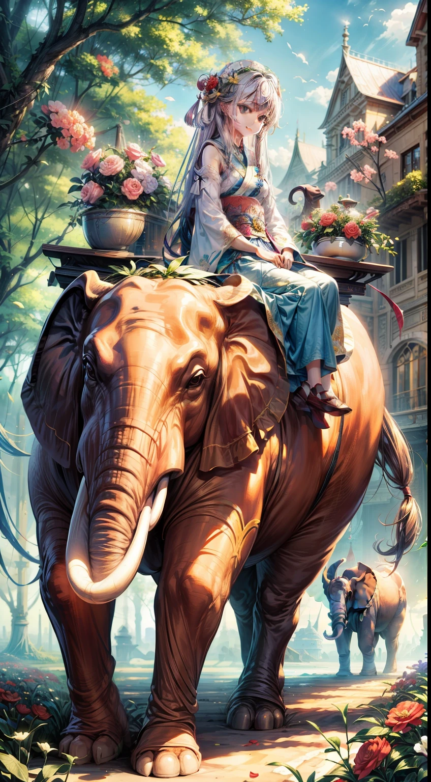 Movie Angle,(Cute girls,anatomy correct,Ride on a giant elephant,Masterpiece camellia,Representative works Hanfu,ssmile),Sea of flowers in the background,(illustratio,paper art,3Drenderingof),(plethora of colors,Best quality,high detal,tmasterpiece,Cinematic lighting effects,4K,Chiaroscuro)