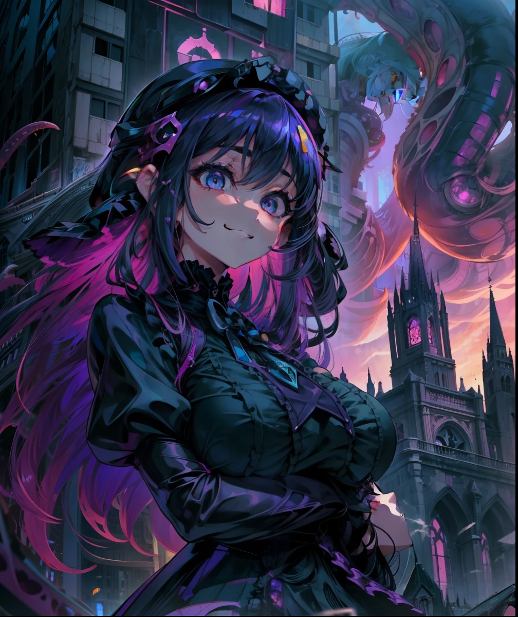 A huge beautiful girl is looking down on us from the top of the building. Girl leans out of the lake. Girl leaning from the roof of a building. Girl wears a purple Gothic ****ta style dress. The girl has a young vibe. Her eyes are huge. she is smiling. Wriggling tentacles. The building is an abandoned church.