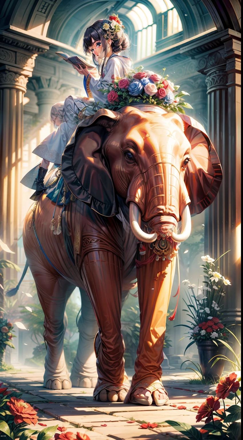 Movie Angle，（Cute girls，anatomy correct，Ride on a giant elephant，Masterpiece camellia，Representative works Hanfu，ssmile），Sea of flowers in the background，（illustratio，paper art，3Drenderingof），（plethora of colors，Best quality，high detal，tmasterpiece，Cinematic lighting effects，4K，Chiaroscuro）