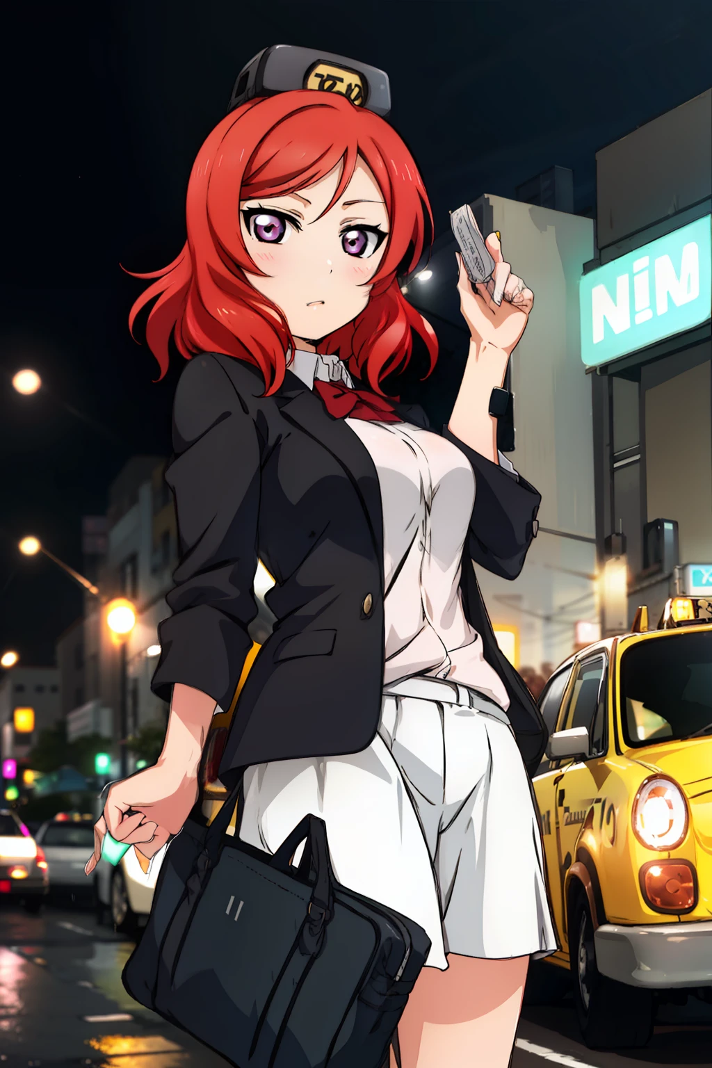 nishikino_maki driving an taxi cab during an downpour, the day is dark and a bit grey