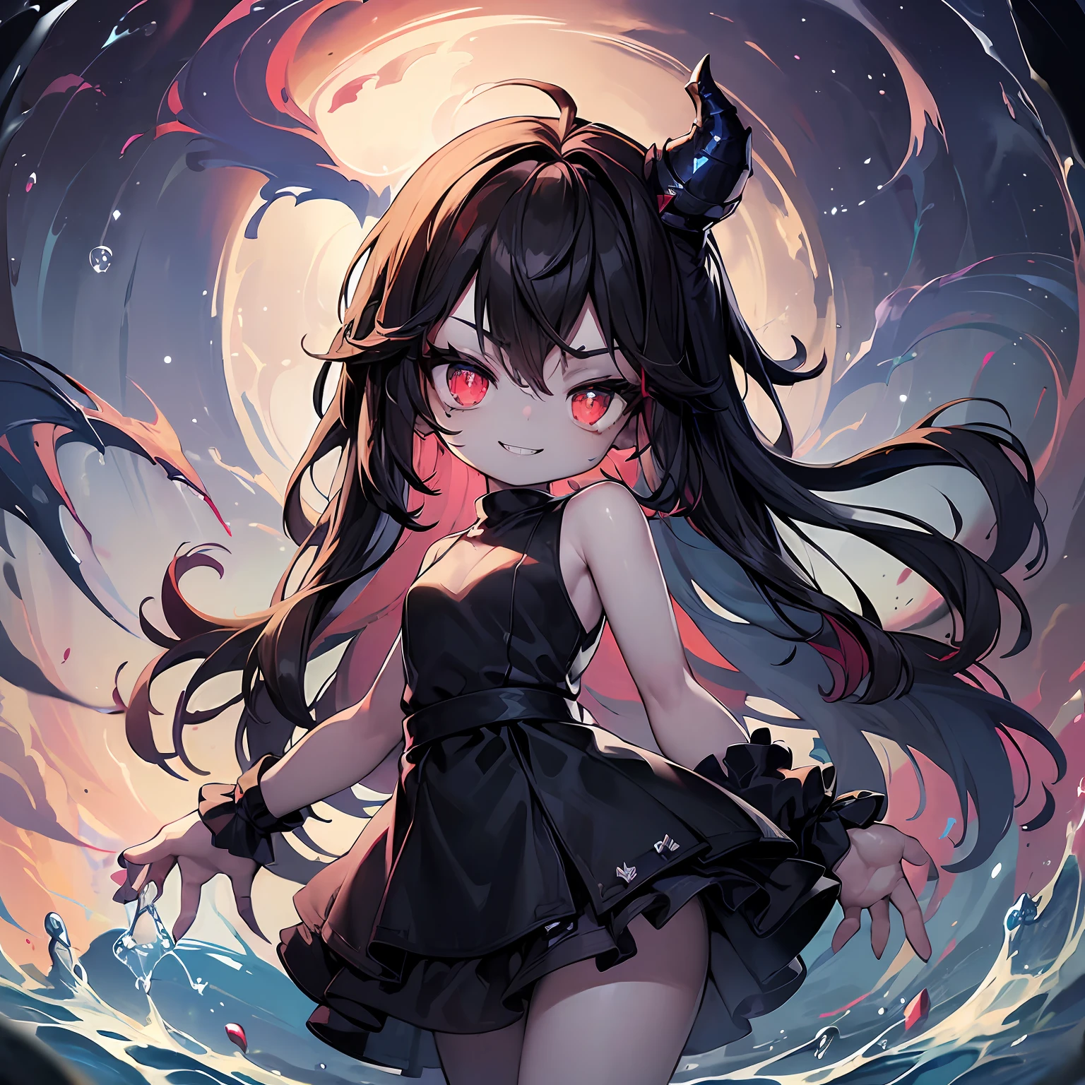 ((masterpiece、top-quality))、(Complex lighting)、odious body、morning、suns、sea bathing、Floating in the air、(((Lots of glowing bubbles flutter、Splash paint)))、Small Devil、独奏、full body Esbian、1girl in、red eyes、Long Black Hair、tanktop shirt、Jeans shorts、absurderes, Grayscale BreakGuess Gaze、(evil smile:1.4)、looking at the viewers、sharpteeth、(Crazy red eyes with small pupils:1.1)、yandere、Chibi、