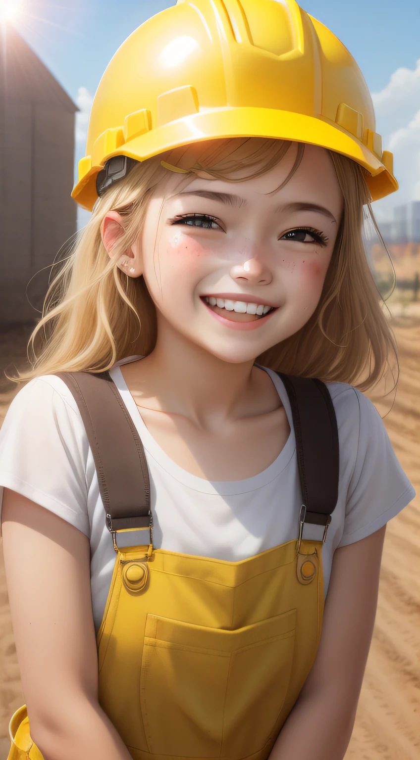 ((Laugh happily)), bit girl,Take a brick，Nature,Wearing yellow overalls, Wear a yellow hard hat, Wear yellow work boots，Sunflowers behind you， Work on construction sites, Sunlight shines on the face, Sweat on the face, wearing DRK_glam, No_Humanity, Depth of field, TO8 contrasting style shadows, (Dark: 0.8), (8K, RAW photo, Best quality, Masterpiece: 1.2)