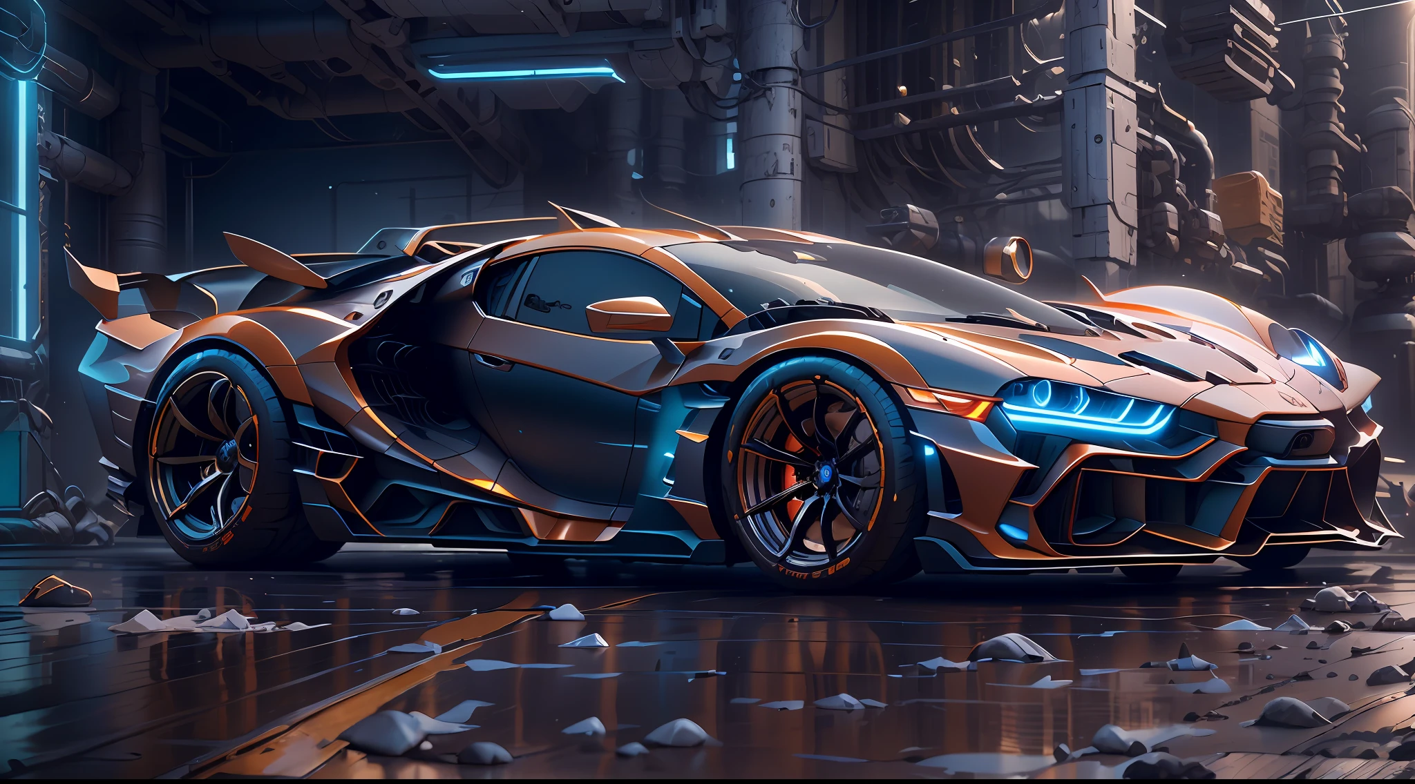 A sports car，mechs，Background cyberpunk，Best picture quality，High chiaroscuro，Cinematic texture，C4D render，Sharpen 1.4，Strong realism，The metal material is real，High detail and ultra-high image quality1.5，16K resolution，