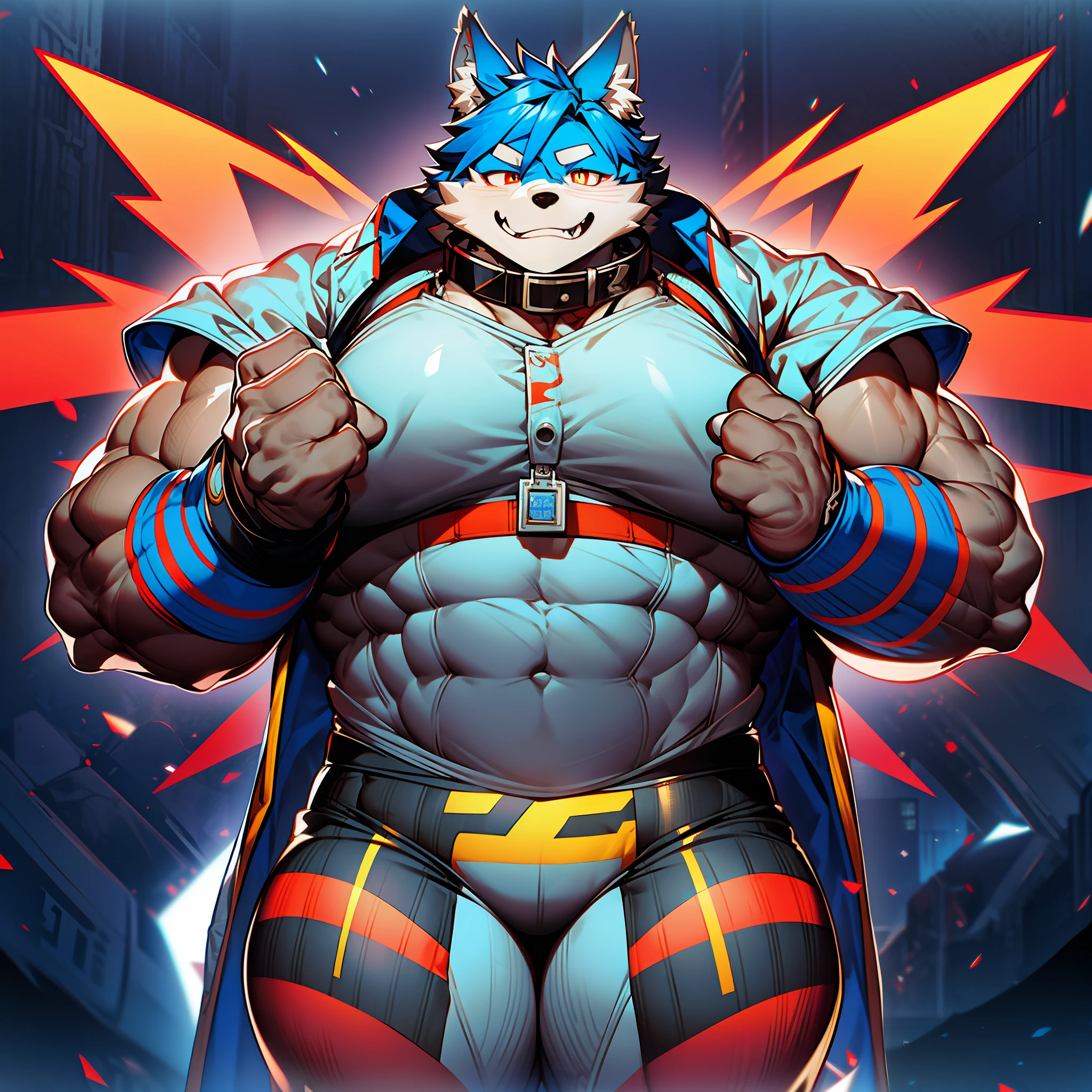 coyote,Furry,Blue hair,musculature,Muscle men,nakeness,Strong,ultraclear,Has a large ,Collar,Black shorts,Black sclera,red pupils,Abs,Yellow coat,The erection,Collar,Has a large ,der riese,tit,Solo,Stout arms,Storm jacket,Badge,Pronounced abs,ssmile,subway station background,Urban style,hold fists,Big Dick,Black sweatshirt,Red gloves,Blue shoes,red striped,frontage
