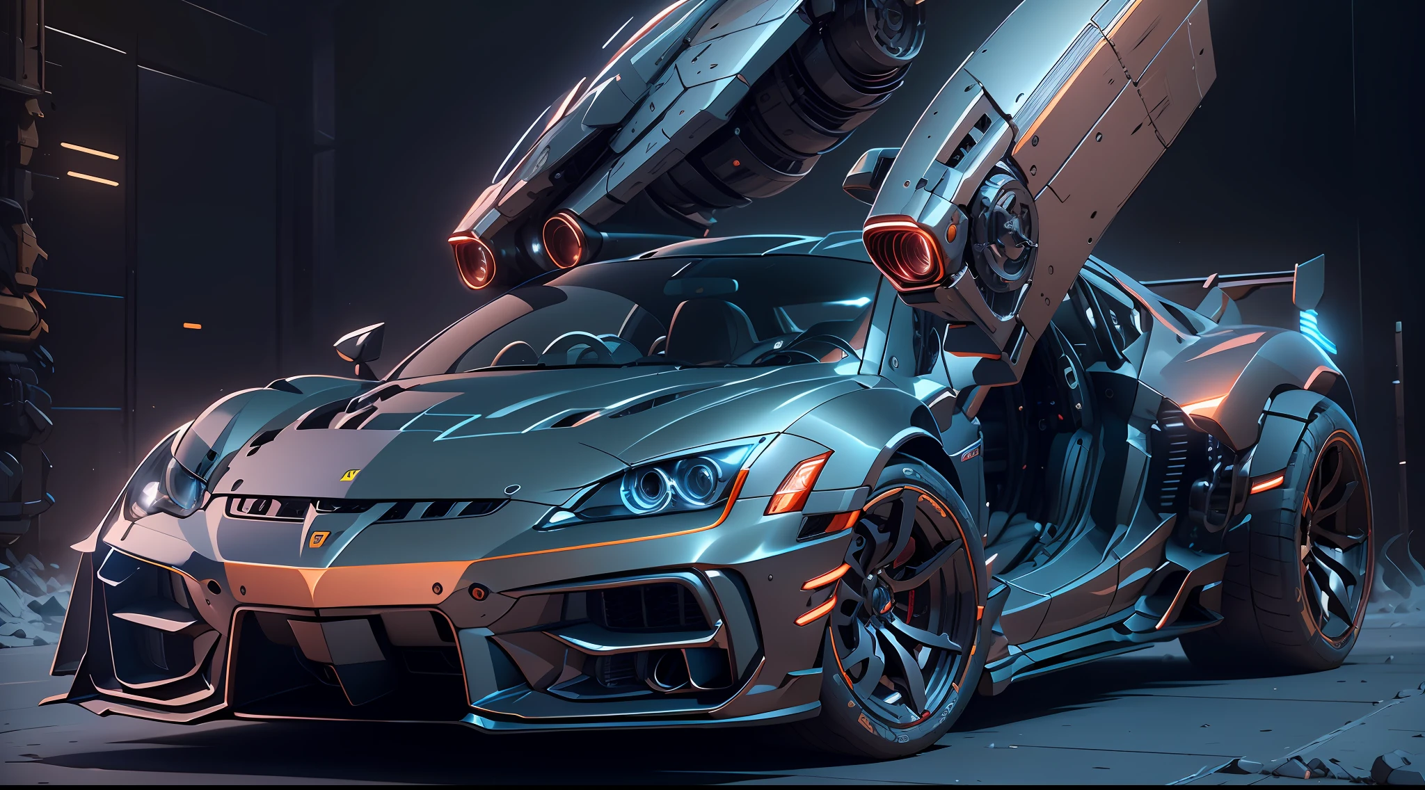 A sports car,mechs,Background cyberpunk,Best picture quality,High chiaroscuro,Cinematic texture,C4D render,Sharpen 1.4,Strong realism,The metal material is real,High detail and ultra-high image quality1.5,16K resolution,