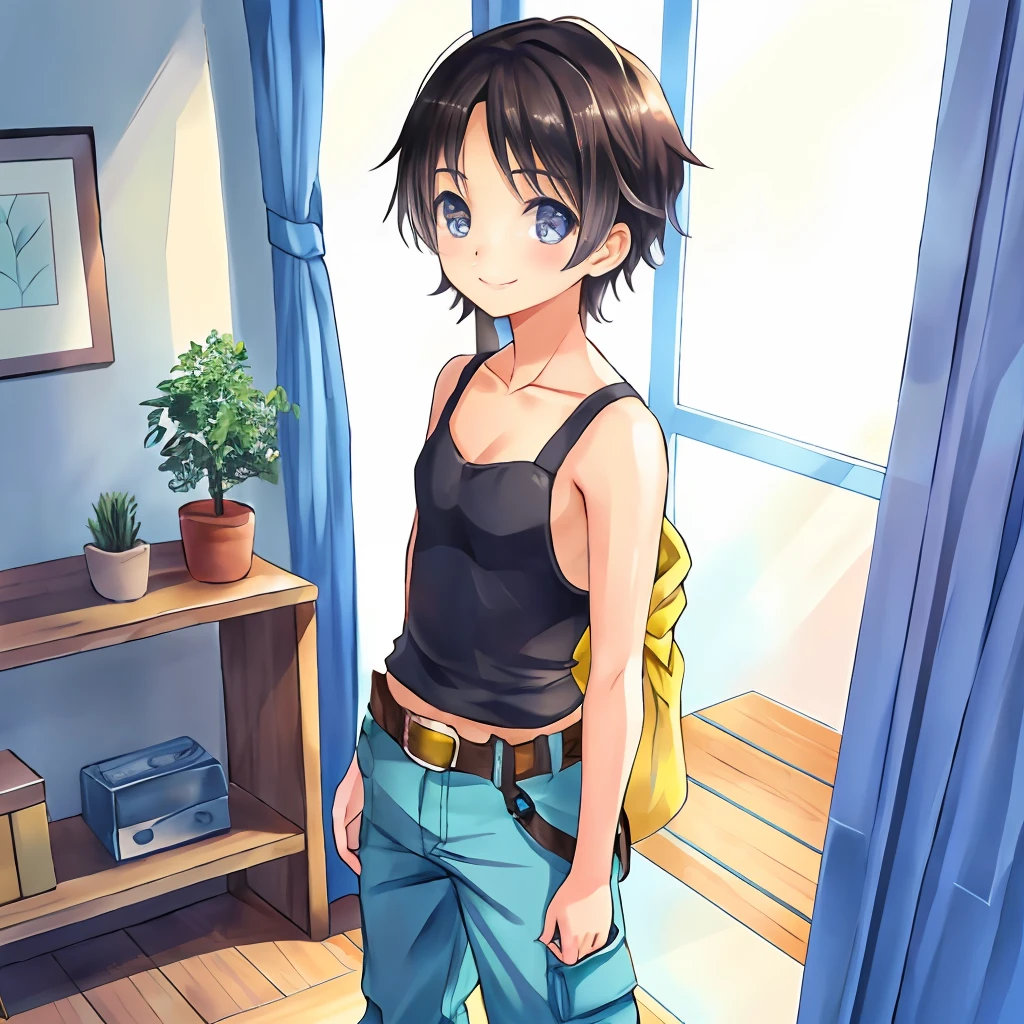 (Highly detailed CG Unity 8k wallpaper), (Best Quality), (Super Detail), (Best Illustration), (Best Shadow), POV, Realistic lighting and shading, Natural light, Lens flare effect, BREAK, 1 beautiful girl, Solo,(Cute:1.5),(Chibi:0.8), (kawaii:1.5),(Lori:0.5), BREAK, (17 year old boy:1.2), Very detailed, colourfull, highest details, BREAK, (flat chest,Medium flesh and middle back: 1. 2,), Clear skin, Beautiful skin, Shy skin,（Black eyes:1.2）, Break HA , (Dark hair,Shaved head:1.2), (long eyelashes, Double eyelids: 1. 2), Solo, gleaming skin, BREAK,(Cargo pants with belt, Tank Tops,sneakers
:1.2),  (A smile,Happiness:1.1), (is standing,Slouched:1.3), (Full body,angle from bellow,Cowboy Shot:1.1), BREAK, (Pink Room, pink walls, bed, stuffed toy, PILLOWS, parrot,:0.8) Made of stone,