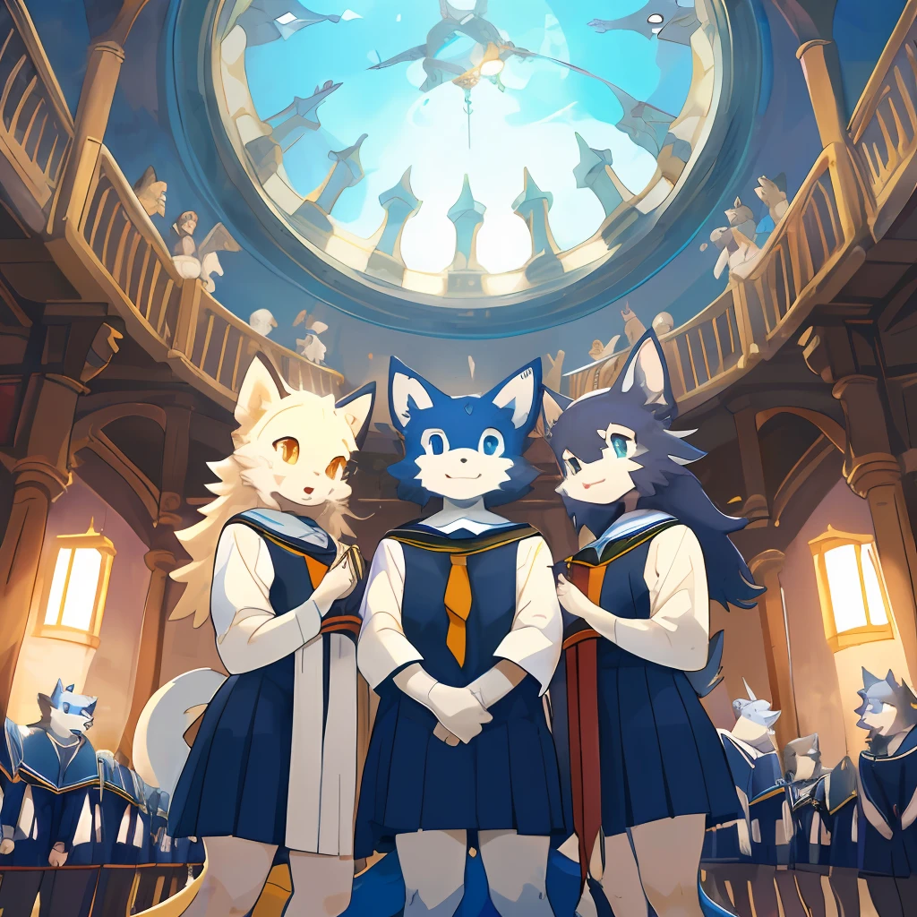 dynamic angle, top quality, best quality, High-quality illustrations, masterpiece, super high resolution, detailed background, detailed background, School Graduation Ceremony, group shot:0.1, 3+boys, 3+girls, absurdres(highly detailed beautiful face and eyes)perfect anatomy, expression, good lighting, cinematic shadow(kemono, furry anthro),