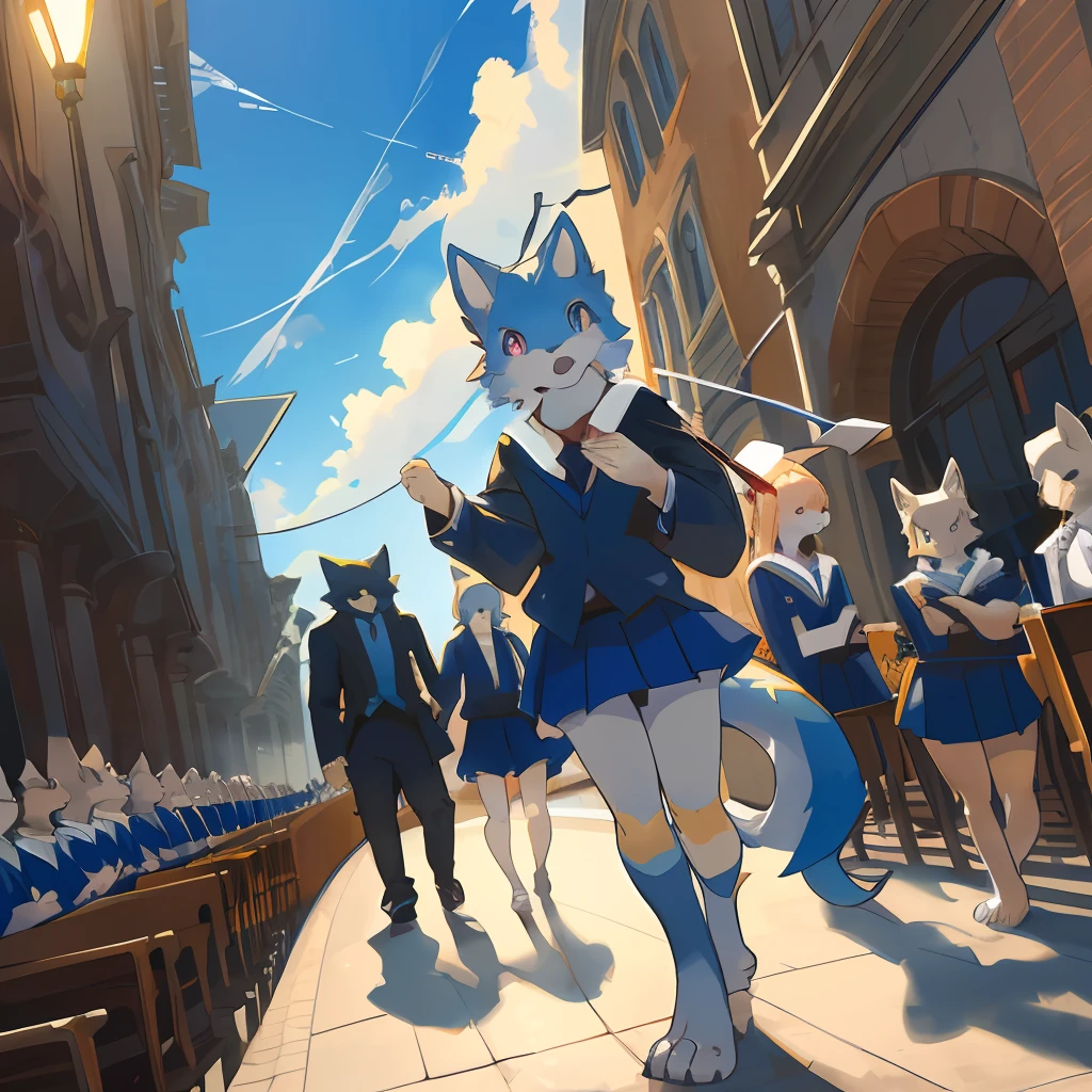 dynamic angle, top quality, best quality, High-quality illustrations, masterpiece, super high resolution, detailed background, detailed background, School Graduation Ceremony, group shot:0.1, 3+boys, 3+girls, absurdres(highly detailed beautiful face and eyes)perfect anatomy, expression, good lighting, cinematic shadow(kemono, furry anthro),