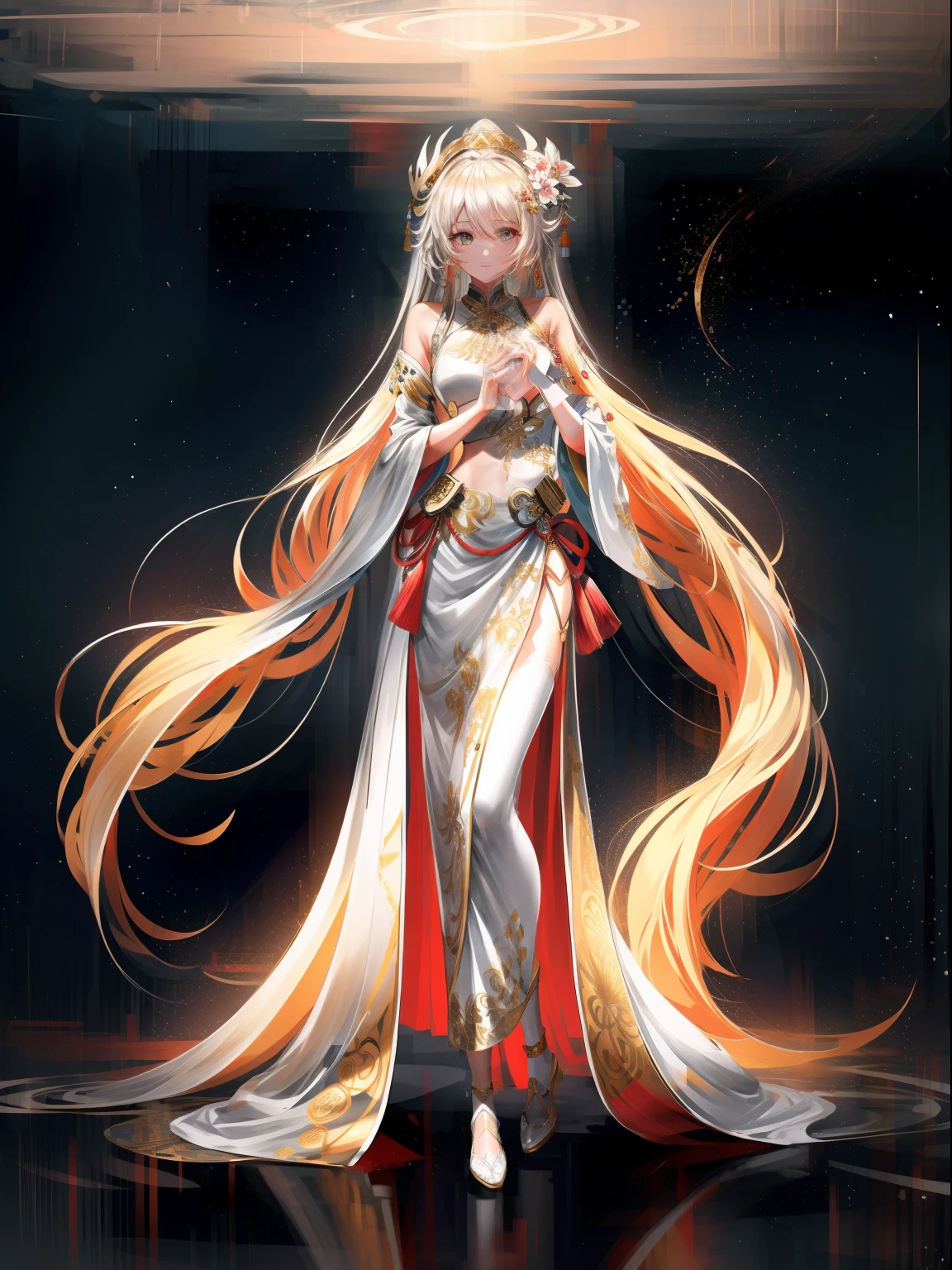 A masterpiece of a Buddhist Guanyin Bodhisattva, white super long hair, flowing long hair, exquisite jewelry, delicate bracelets, exquisite hair accessories, high on the feeling, aperture on the back, bodhisattva, fairy qi fluttering, holding various magic weapons in his hands, golden bracelets on ankles, ancient Chinese costumes, robes, gorgeous silk, flowing tulle, dazzling background, golden aperture on the back, gold Falun on the back, best light, backlit shooting, movie filter, (hands together), (thousand hands Guanyin statue), ultra HD, 8k, fair skin, Wolp_style, duhuang_style, upper body close-up, detailed face, 28 years old, 1girl, fitness marks, slim figure, a little muscular, vest line, leaning back curved body, digital illustration art, superlative art drawing, (abstract background:1.3), (many colors: 1.4), (earrings), (Flamethrower:1.3),red background