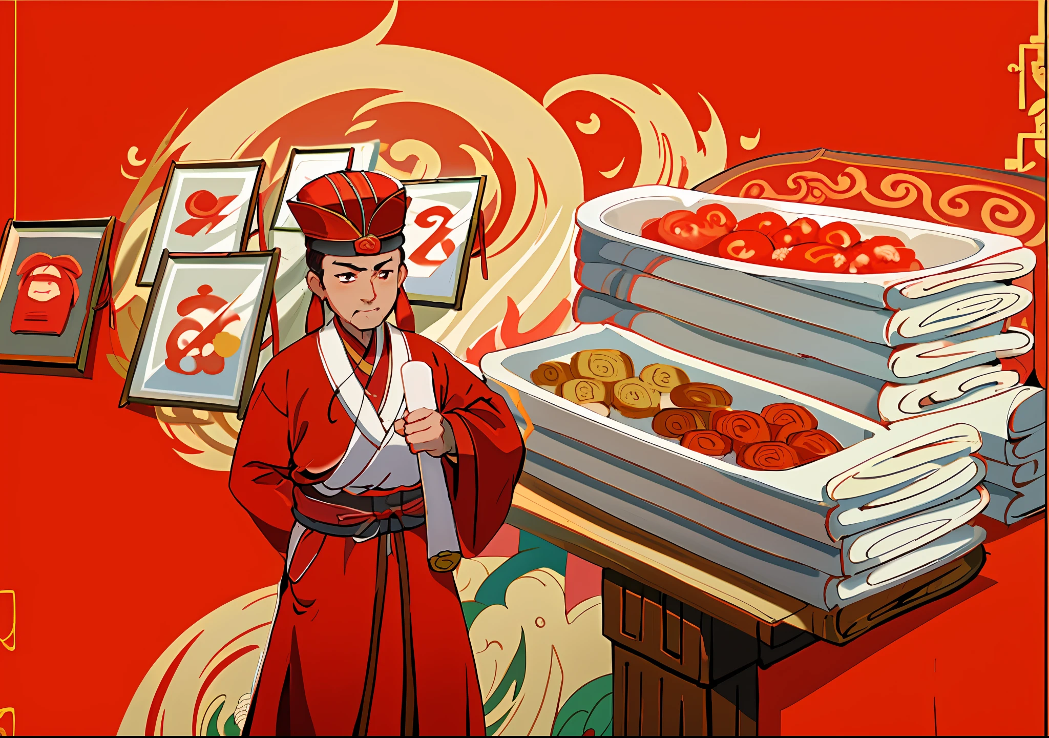 There was a man in a red robe holding a white towel, flaunting his wealth, Taoist, inspired by Dong Yuan, Wearing ancient Chinese clothes, chinese three kingdoms, Inspired by Seki Dosheng, selling his wares, by Xuande Emperor, from three kingdoms, bian lian, confucius and jury trial, inspired by Emperor Huizong of Song