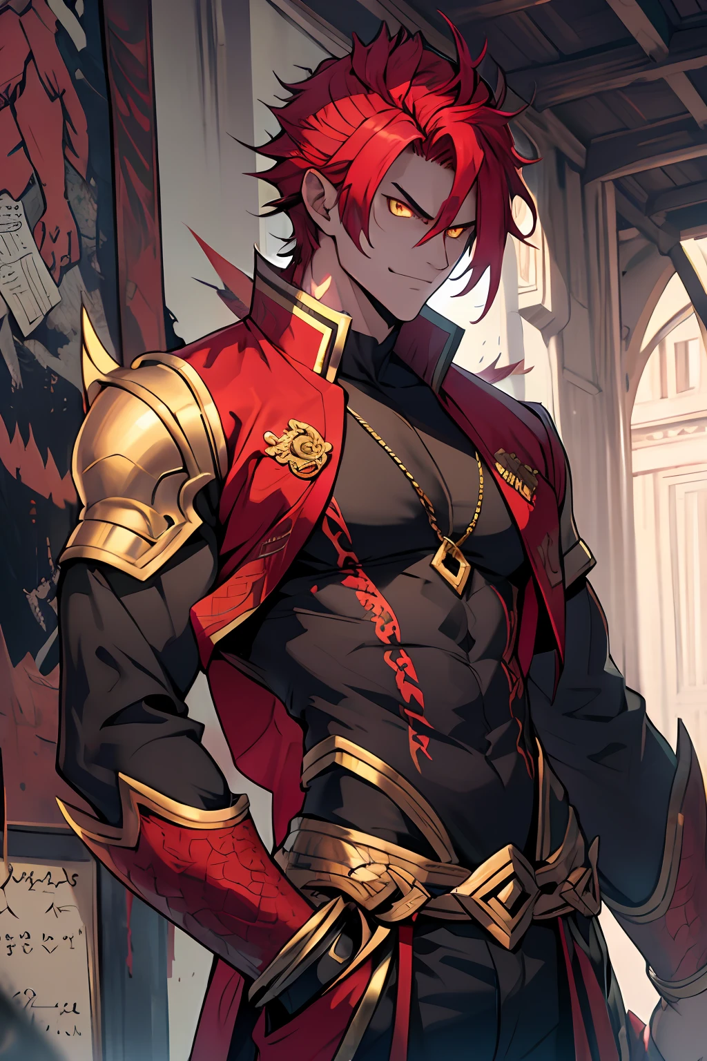 red tinted hair，Dragon Man，Golden pupils，short detailed hair，Evil charm，Lazy