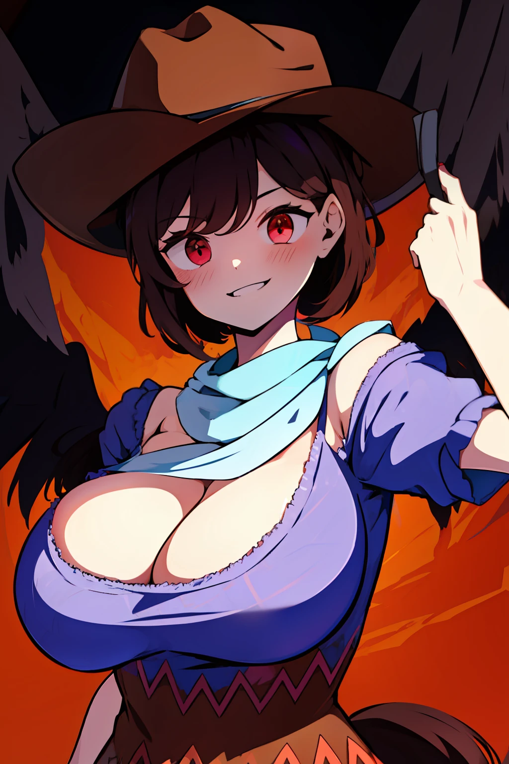 (masterpiece),best quality, expressive eyes, perfect face, 1girl,
big breast, H-cup, good breast, beautiful, gorgeous,anime,girl,lora, floating clothes, tent chest ,
 nipple visible  though clothes,Saki Kurokoma,
red eyes,
black hair,
short hair,
long ponytail,
black wings,
black horse tail,
brown cowboy hat,
brown boots,
light blue plaid shirt,
light pink shirt,
brown plaid skirt,
light orange skirt,
shoulders,
white bandana tied around neck,hands on waist, hands on hips,crazy smile,yameroyandere,yandere,crazy eyes,dark,glowing eyes,shaded face,empty eyes