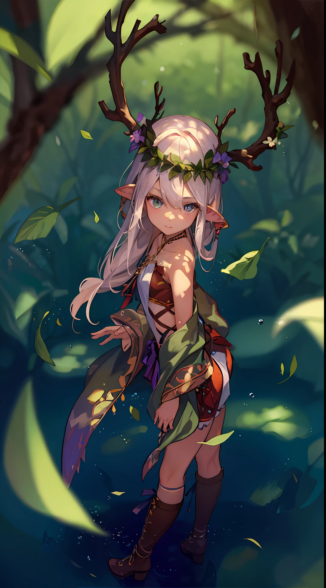 um close up de um personagem de desenho animado com chifres de veado, fey queen of the summer forest, Deusa da Floresta, alma da floresta, forest spirit, forest hunter lady, floresta Fae, Menina elfa, fada da floresta, floresta seca, fanart melhor artstation, estilo de arte de fantasia, Rainha da Floresta, Non-Pixiv digital art, arte digital detalhada bonito