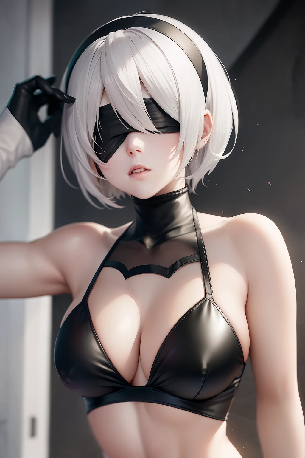 yorha no. 2 type b, 1girl, black blindfold, short hair, white hair,solo, black hairband, bikini