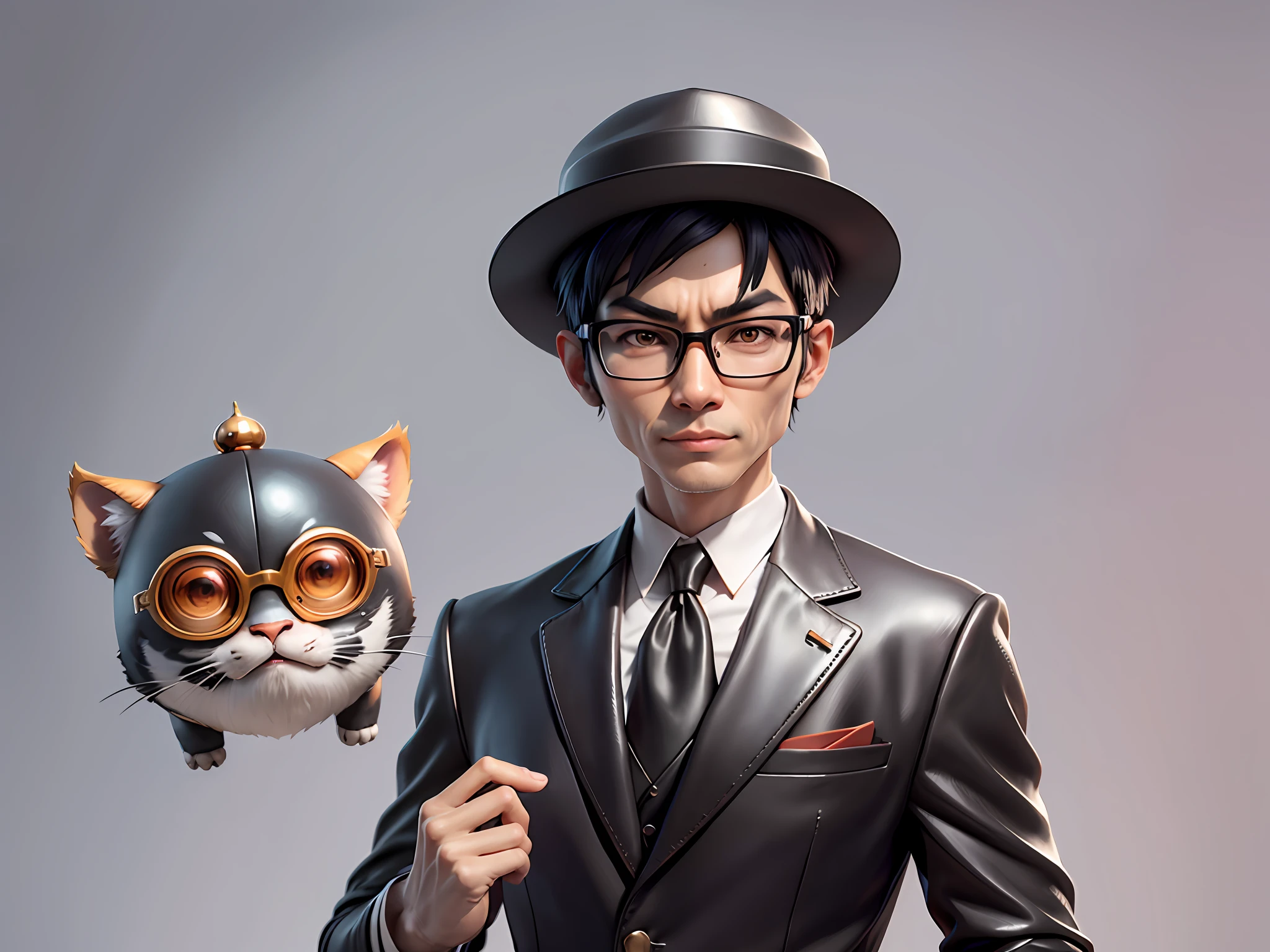 Young man with oriental face in leather hat, tiger, oriental face in formal suit, short black hair, silver glasses, digital painting, 3D character design by Mark Clairedon and Pixar and Hayao Miyazaki and Akira Toriyama, the illustration is a high-definition illustration in 4K resolution with very detailed facial features and cartoon-style visuals.