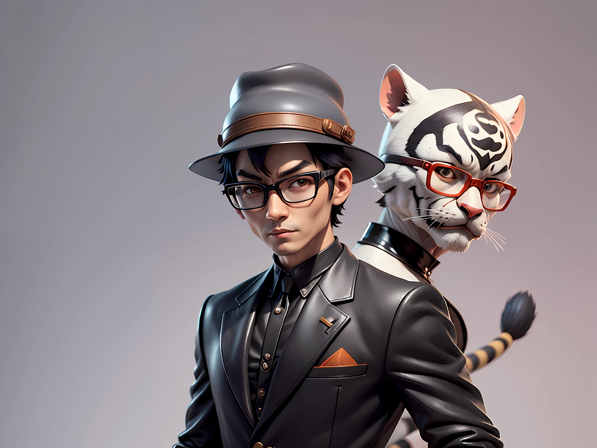 Young man with oriental face in leather hat, tiger, oriental face in formal suit, short black hair, silver glasses, digital painting, 3D character design by Mark Clairedon and Pixar and Hayao Miyazaki and Akira Toriyama, the illustration is a high-definition illustration in 4K resolution with very detailed facial features and cartoon-style visuals.