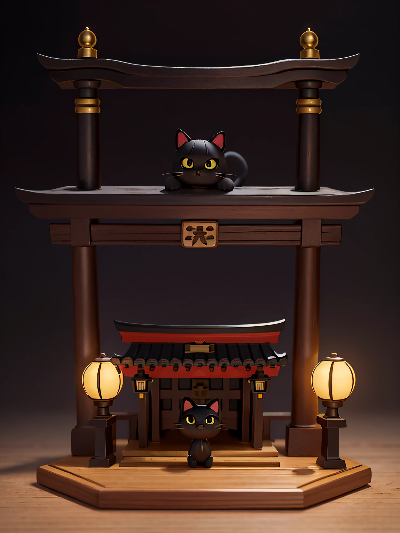 a cat,cute cat,one body,one head,singl face,toy,vignette figure,whole body、1 cat、Cute Cat Figure、Wooden figures、Deformed cat、Sparkling eyes、Cat whole body、Output image quality(add detail、The ultra -The high-definition、Masterpiece、hight resolution、8K、Award-winning works)、(intricate-detail、ultra-detailliert:1.2)、Cinematic Shots、vignettes、central、Japan motifs(shrines)、black cat、Chic impression、Muted shades、gentle shades、appearance々Proposing figures made of similar materials、Attractive composition、Attractive lighting、depth of fields、diorama、Figure material(woodenhor、Woody)