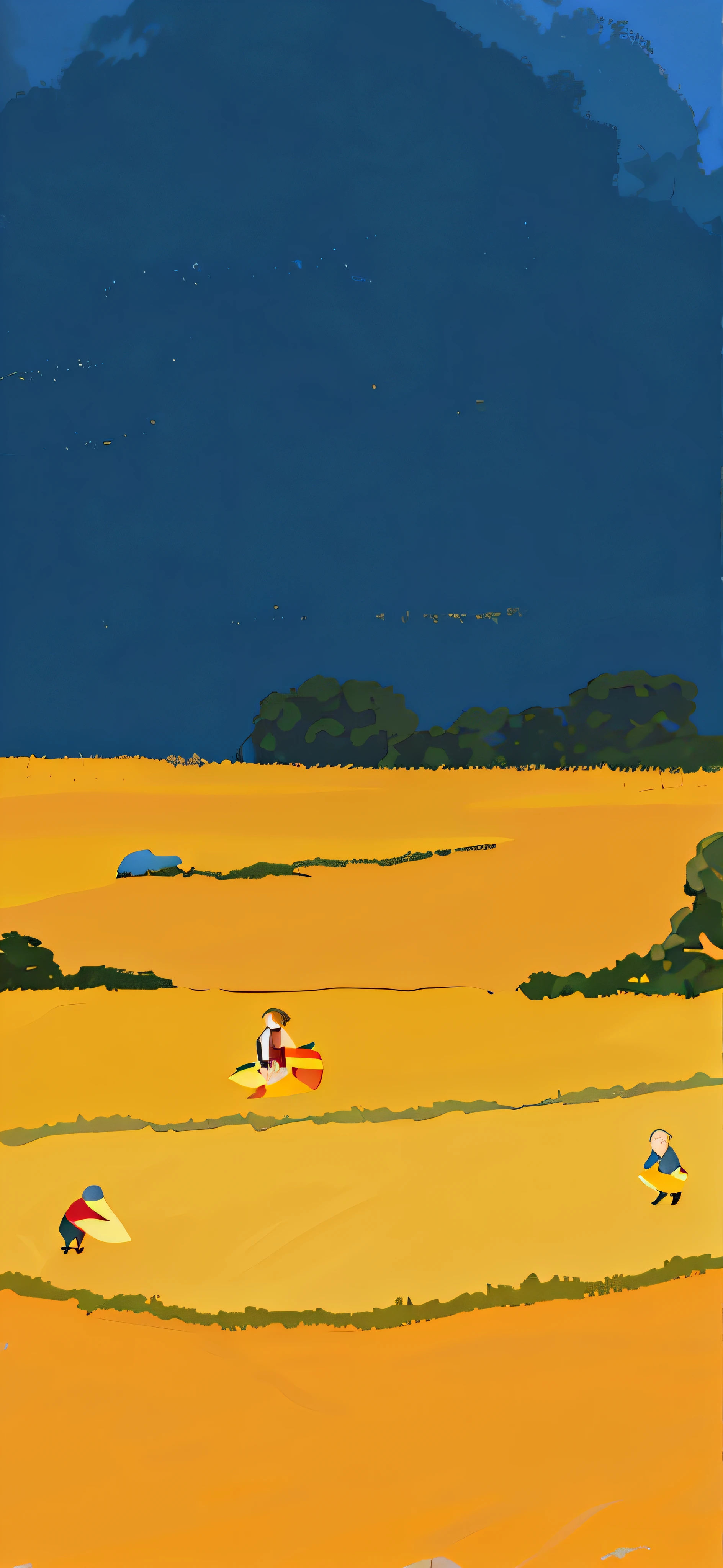 There are many people in the yellow fields, A digital painting, Countryside, stylised painting, Inspired by Nicolas Poussin, Landscape illustration, in style of digital painting, summer field, anime countryside landscape, distant villagescape, Farming, distant village background, Inspired by André Derain, digital paintin, 2D minimalism, Inspired by André Derain