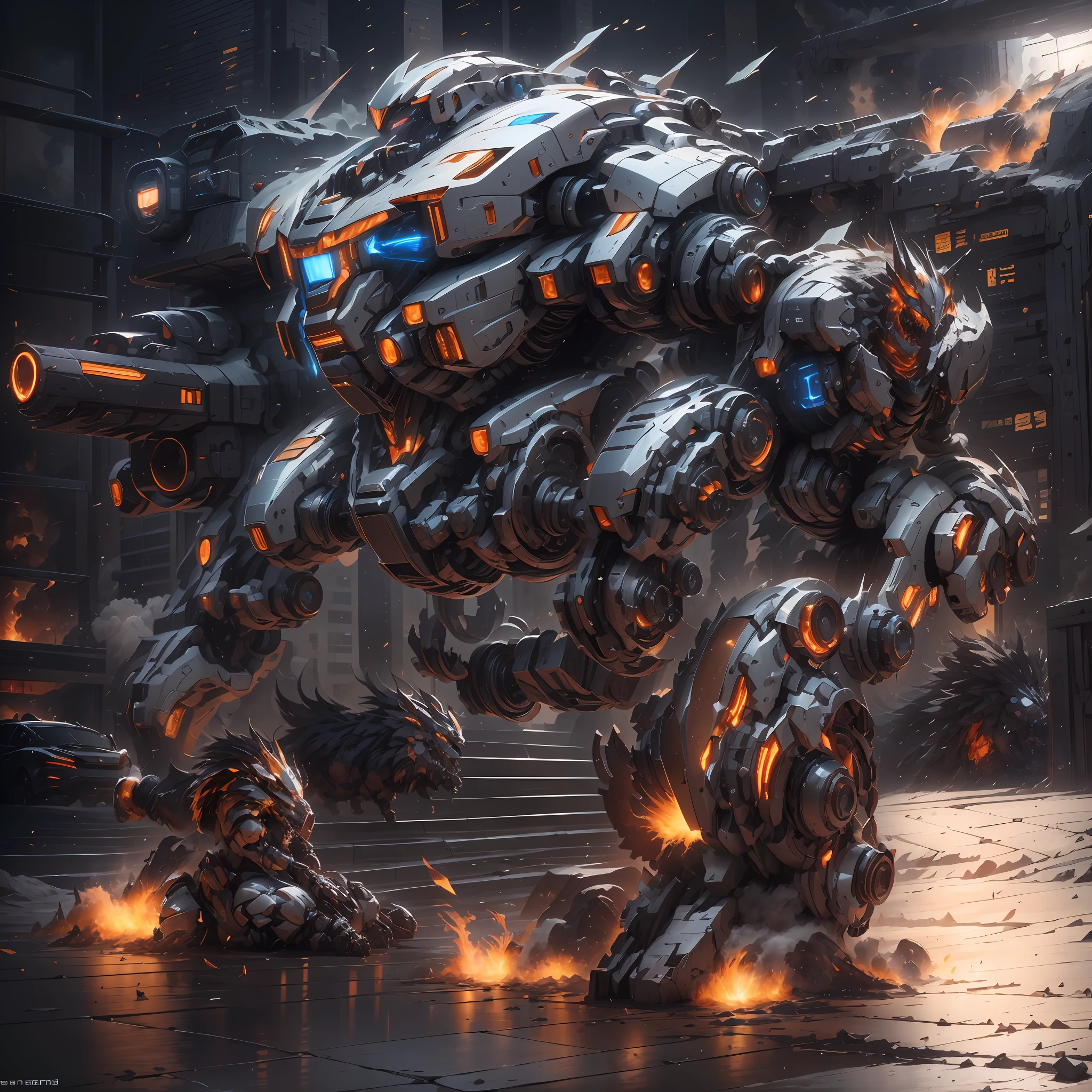 （Super mech sports car）、chariot，Sports cars，Back with a large amount of energy short barrels，Face the camera，Buildings、Energy cannon fire、Tall and mighty、strong armor、future-tech、Sharp lines、Dynamic styling、Mechanical joints、Armor plates、sensor、Energy weapons、Blazing energy、Light shining、Explosive effect、Smoke and dust filled the air、Tense atmosphere，（rendering by octane：1.4），best qualtiy，（Highly realistic），（Ultra-detailed details：1.5），c4d渲染，movie-level quality