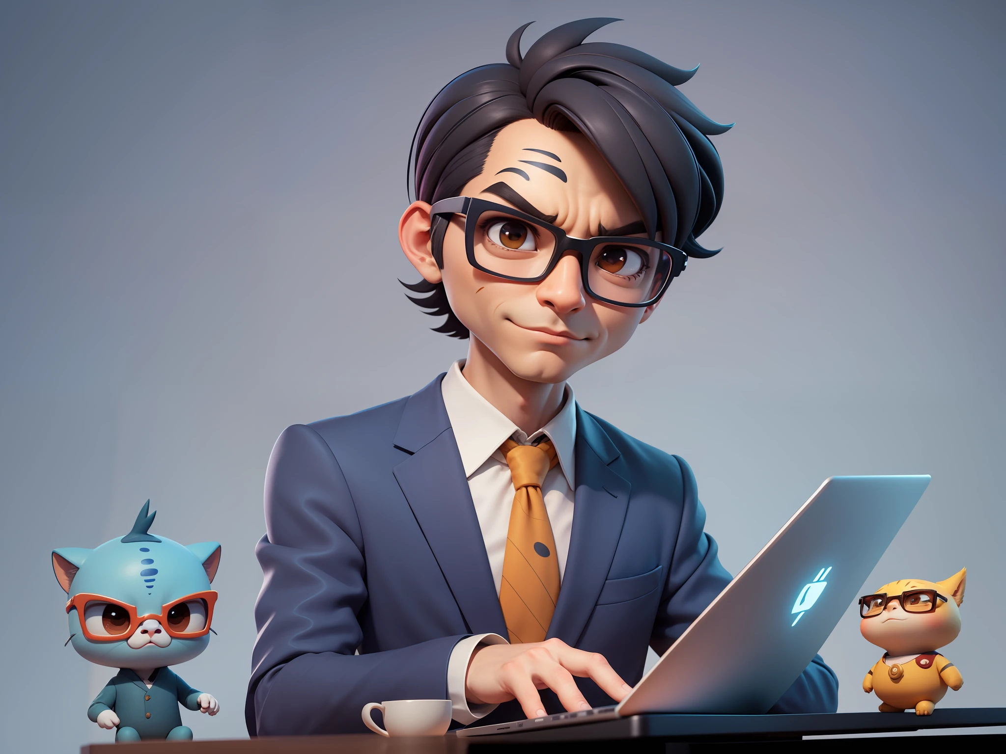 A young man in a suit, Short hair and glasses sat at his desk，holding laptop，digitial painting，tigre，3D character design by Mark Clairen and Pixar and Hayao Miyazaki and Akira Toriyama，4K HD illustration，Very detailed facial features and cartoon-style visuals。