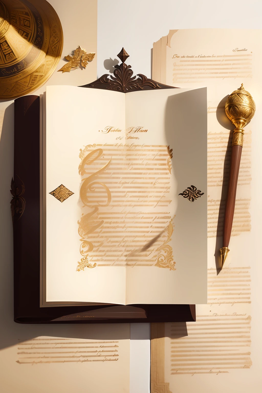 Illustration of an ancient manuscript or parchment, with artistic calligraphy and golden details, The image may depict an open page of this manuscript, with one or two of the quotations written in Latin