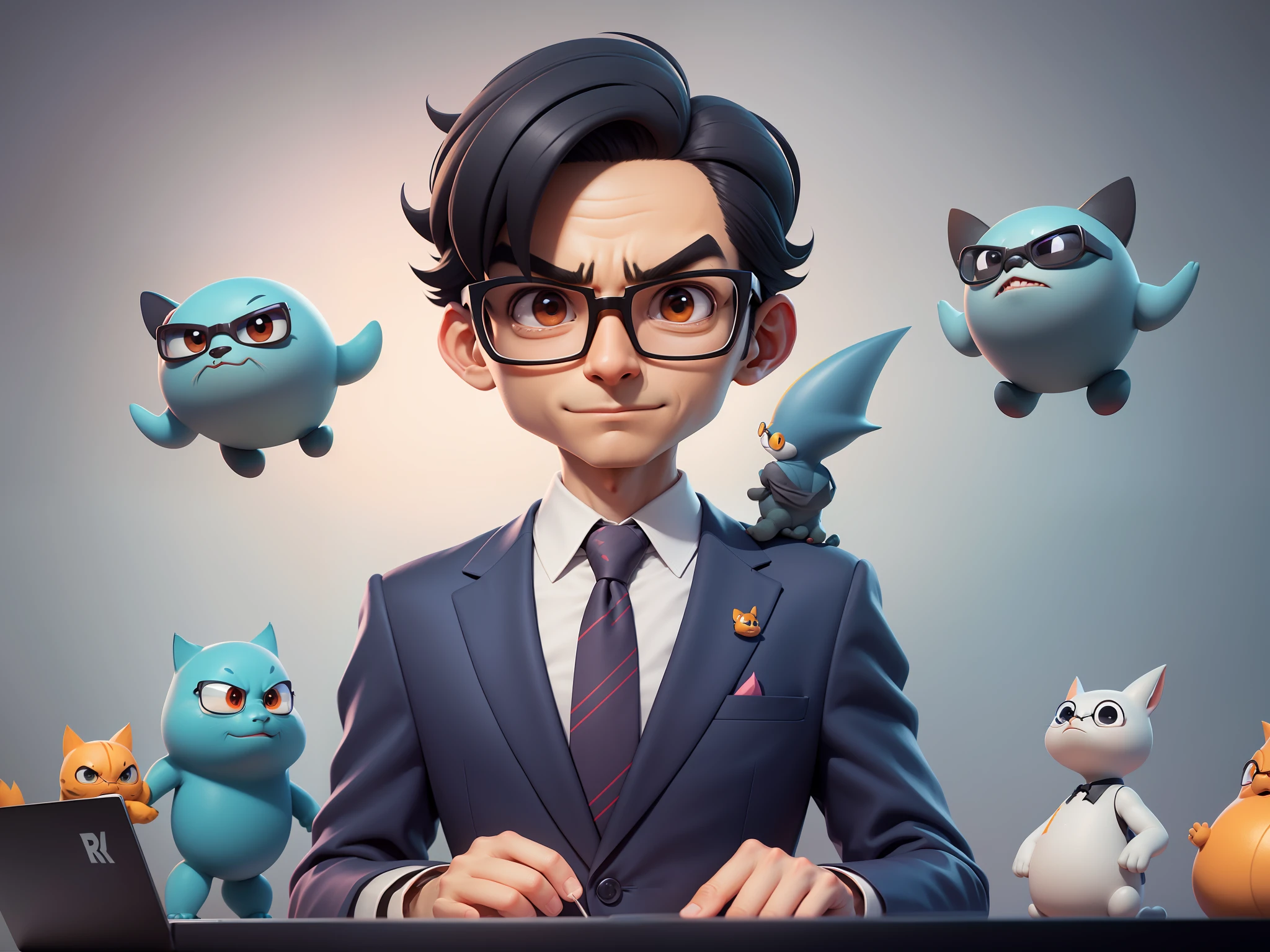 A young man in a suit, Short hair and glasses sat at his desk,holding laptop,digitial painting,tigre,3D character design by Mark Clairen and Pixar and Hayao Miyazaki and Akira Toriyama,4K HD illustration,Very detailed facial features and cartoon-style visuals。